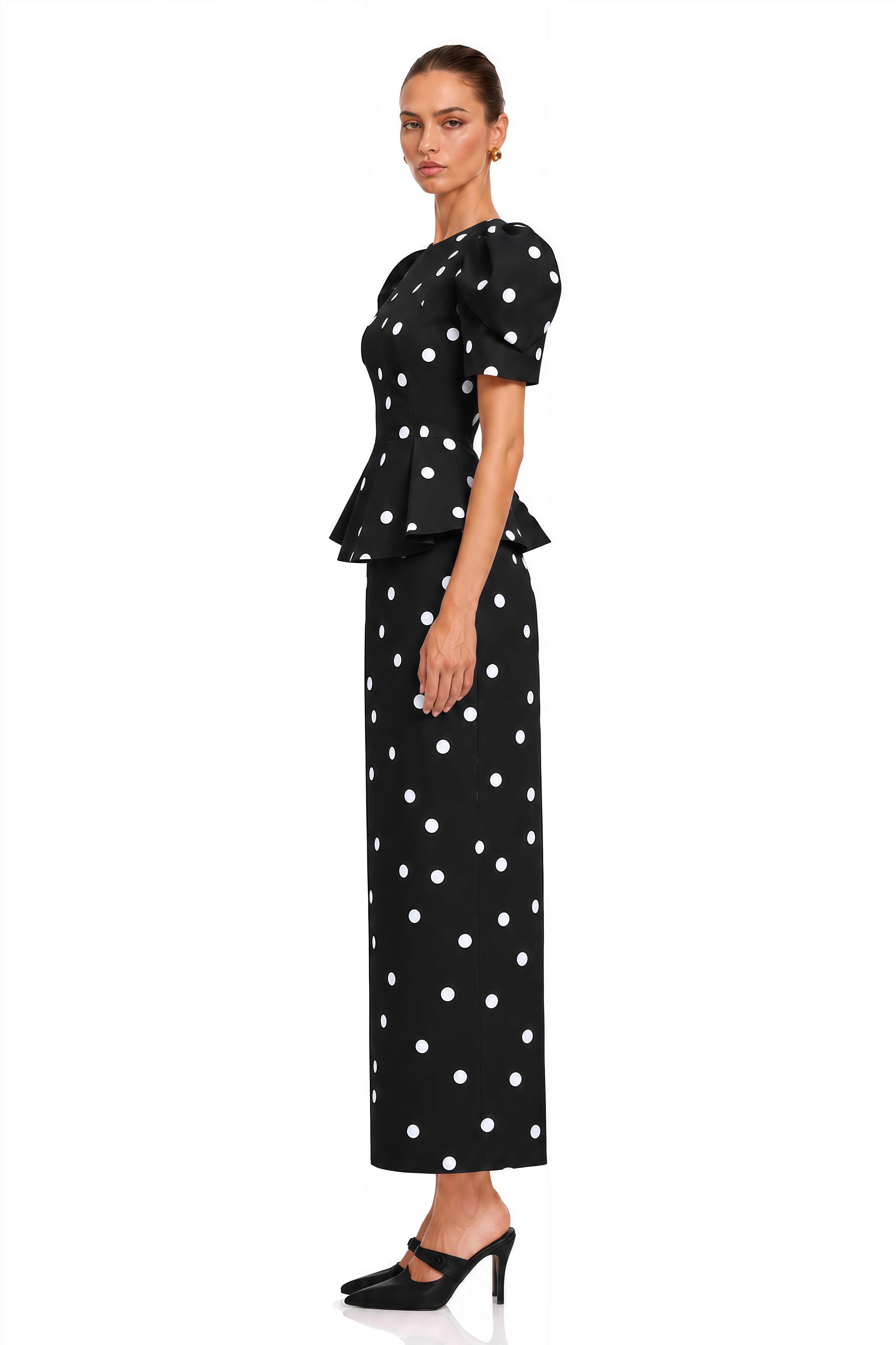 Clarice Black Polka Dot Peplum Blouse & Maxi Skirt Set