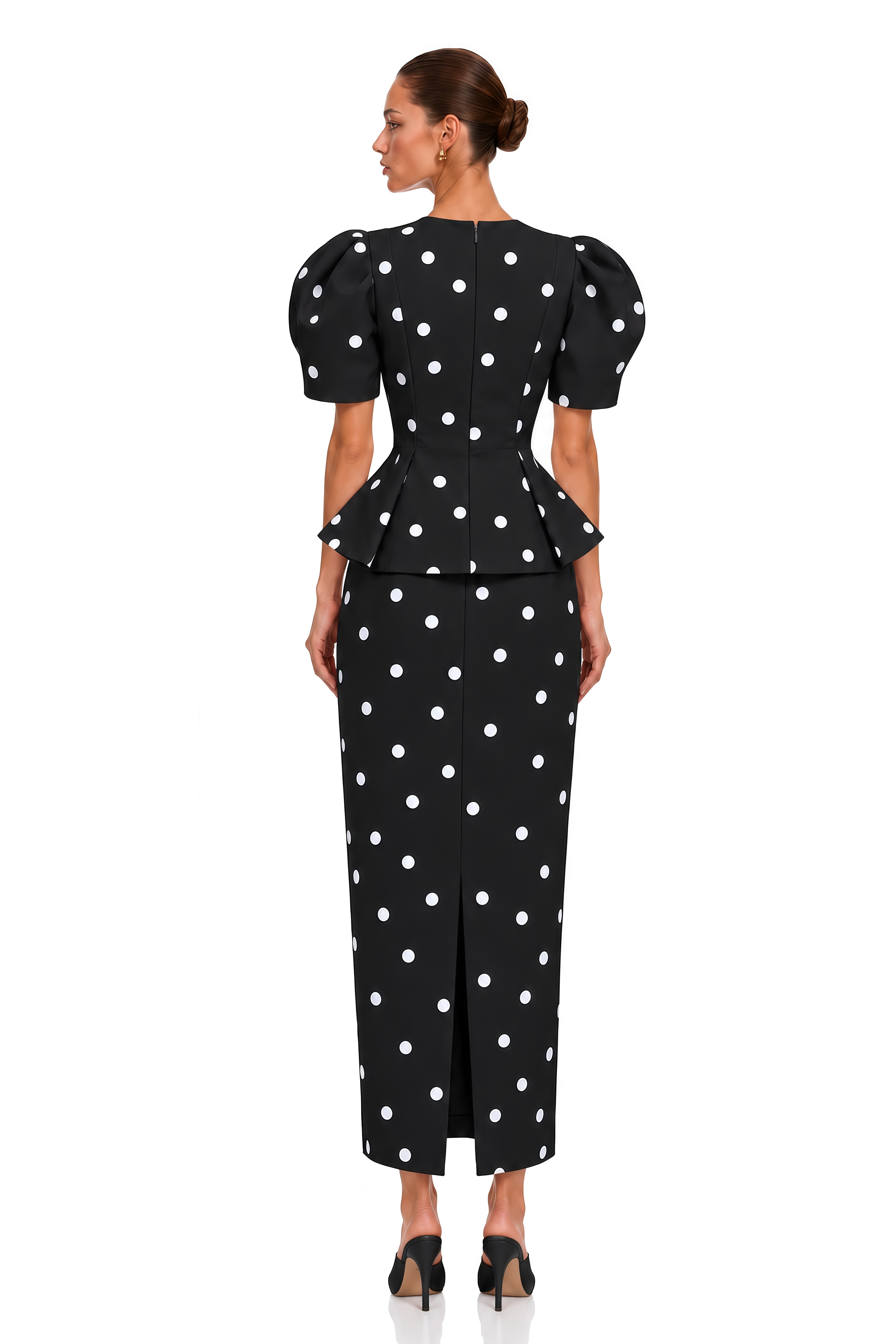 Clarice Black Polka Dot Peplum Blouse & Maxi Skirt Set