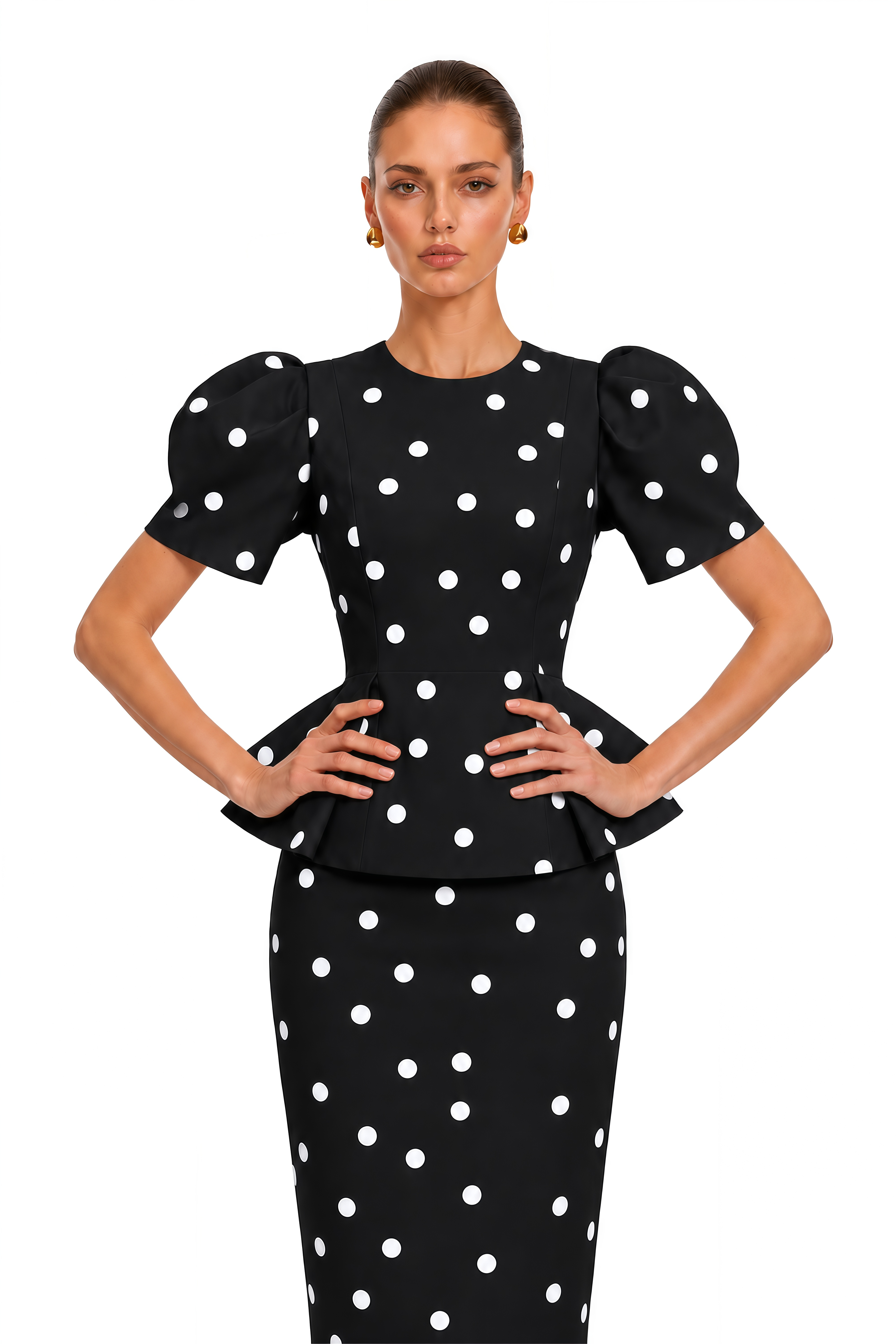 Clarice Black Polka Dot Peplum Blouse & Maxi Skirt Set