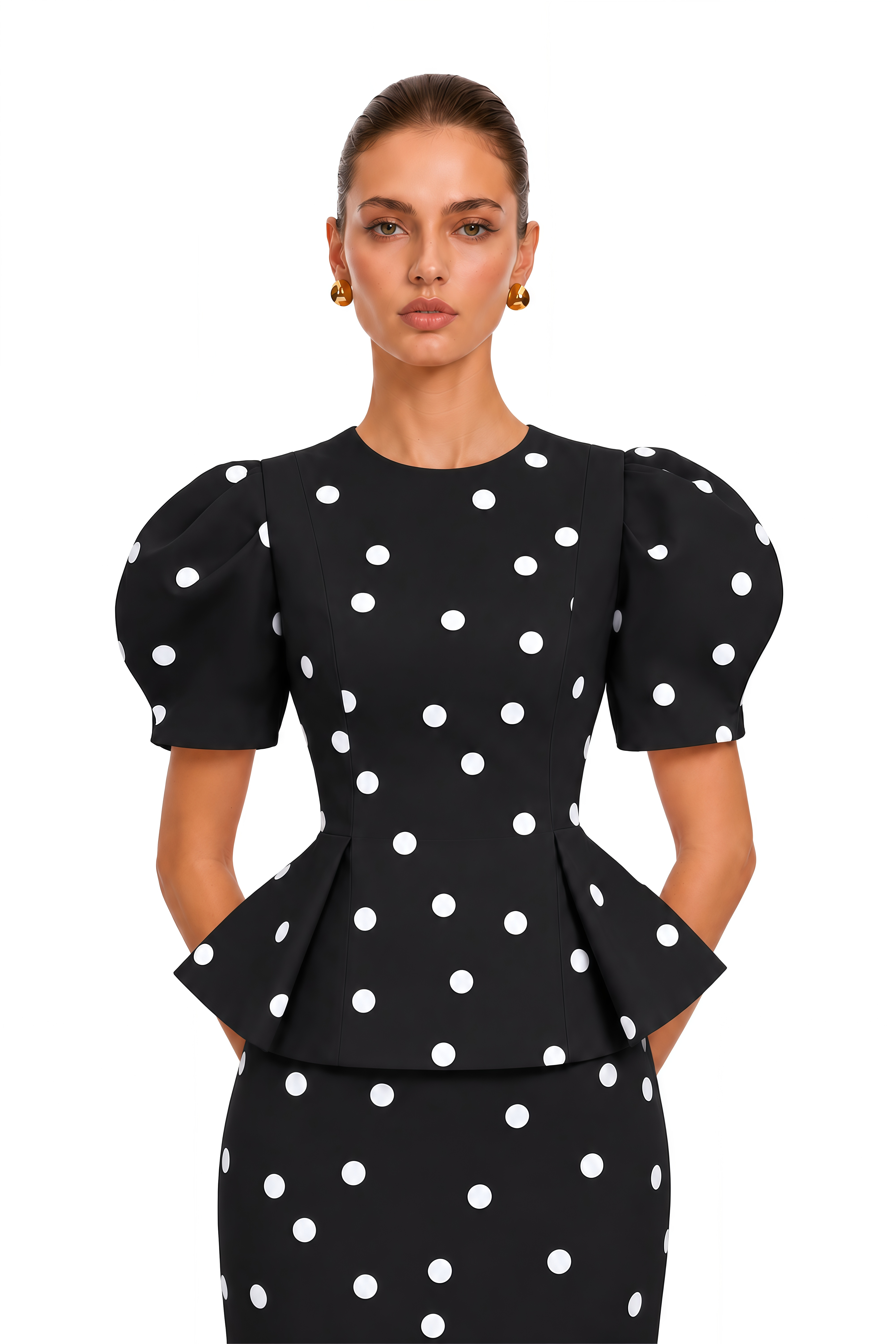 Clarice Black Polka Dot Peplum Blouse & Maxi Skirt Set