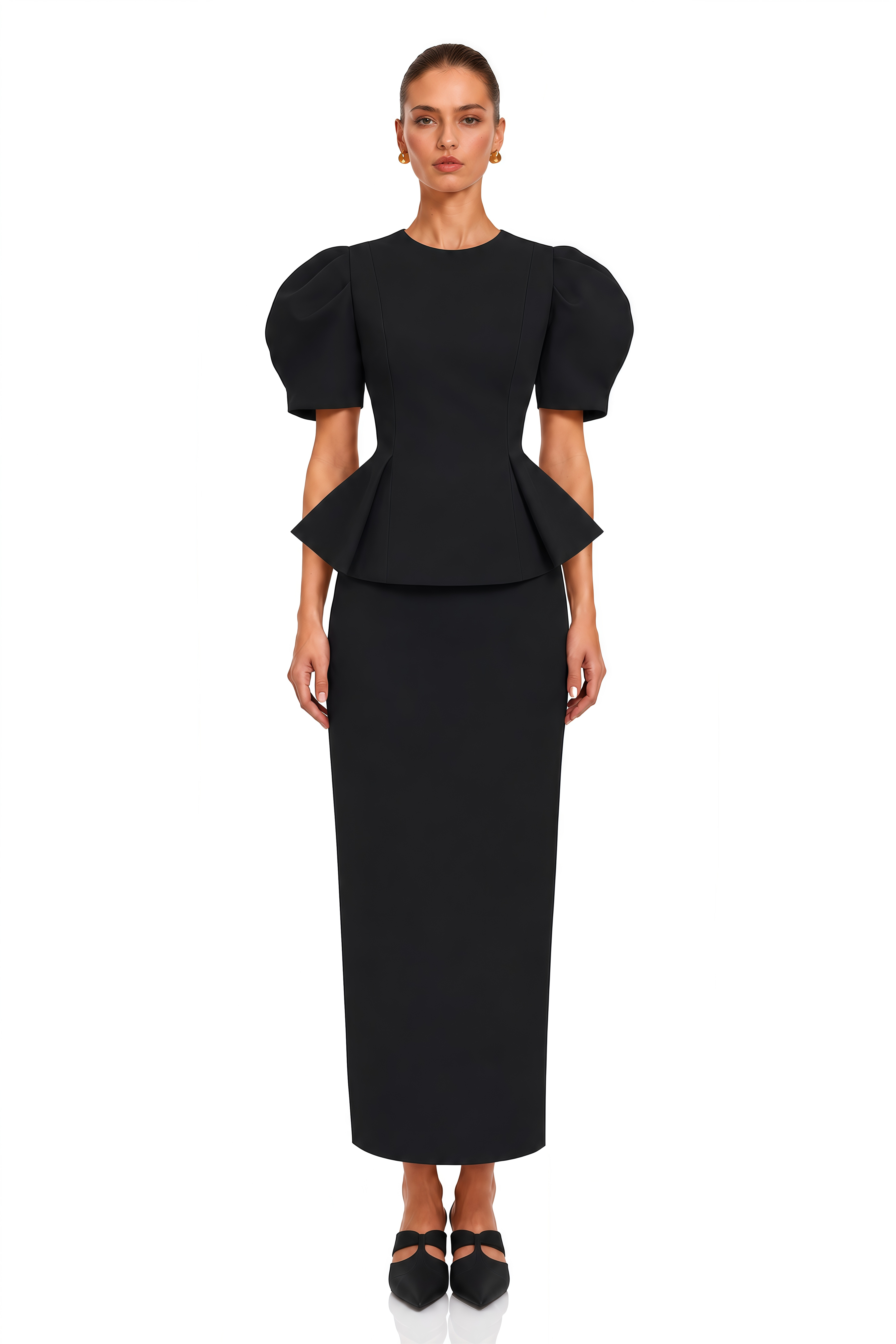 Clarice Black Puff Sleeve Peplum Blouse & Maxi Skirt Set