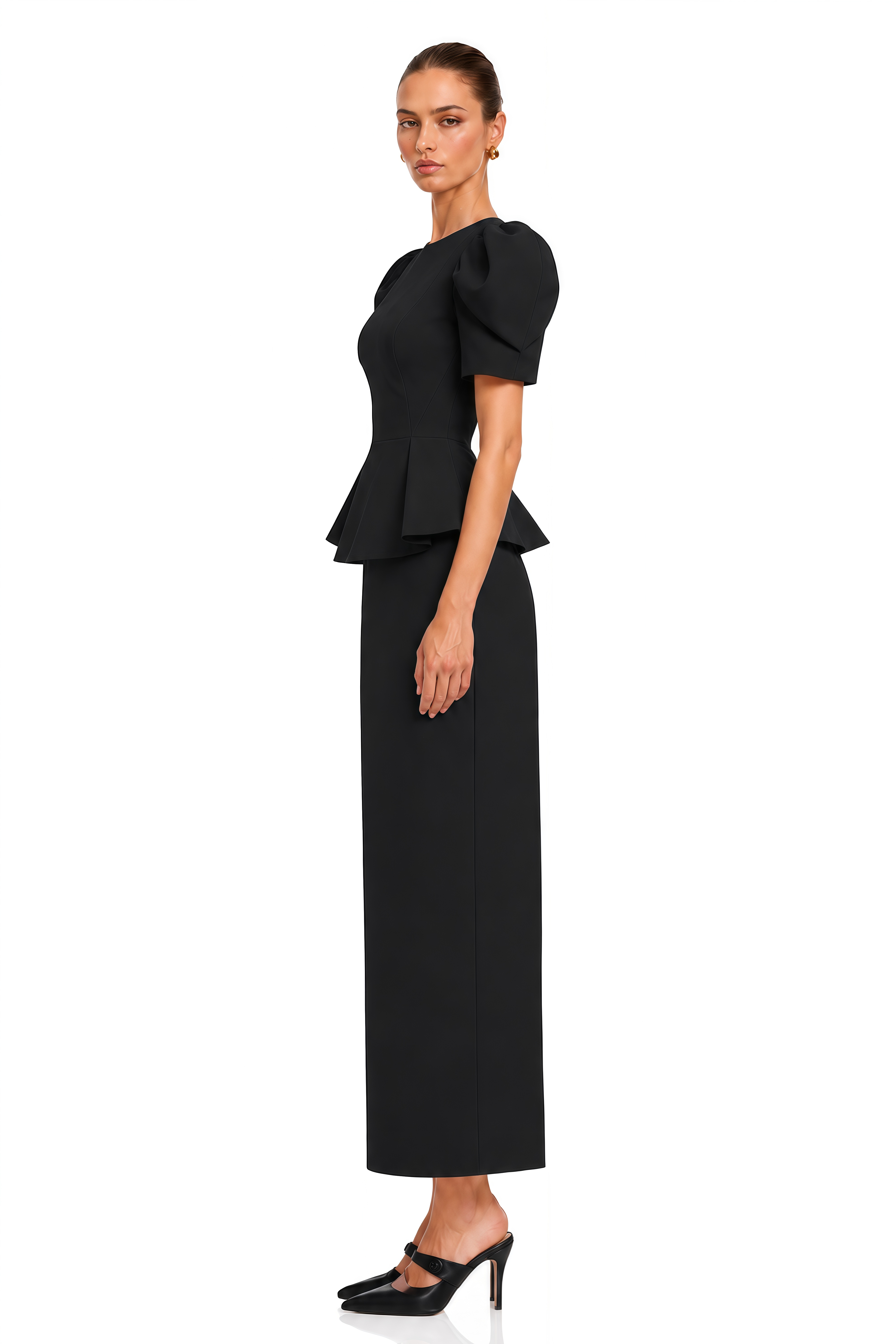 Clarice Black Puff Sleeve Peplum Blouse & Maxi Skirt Set