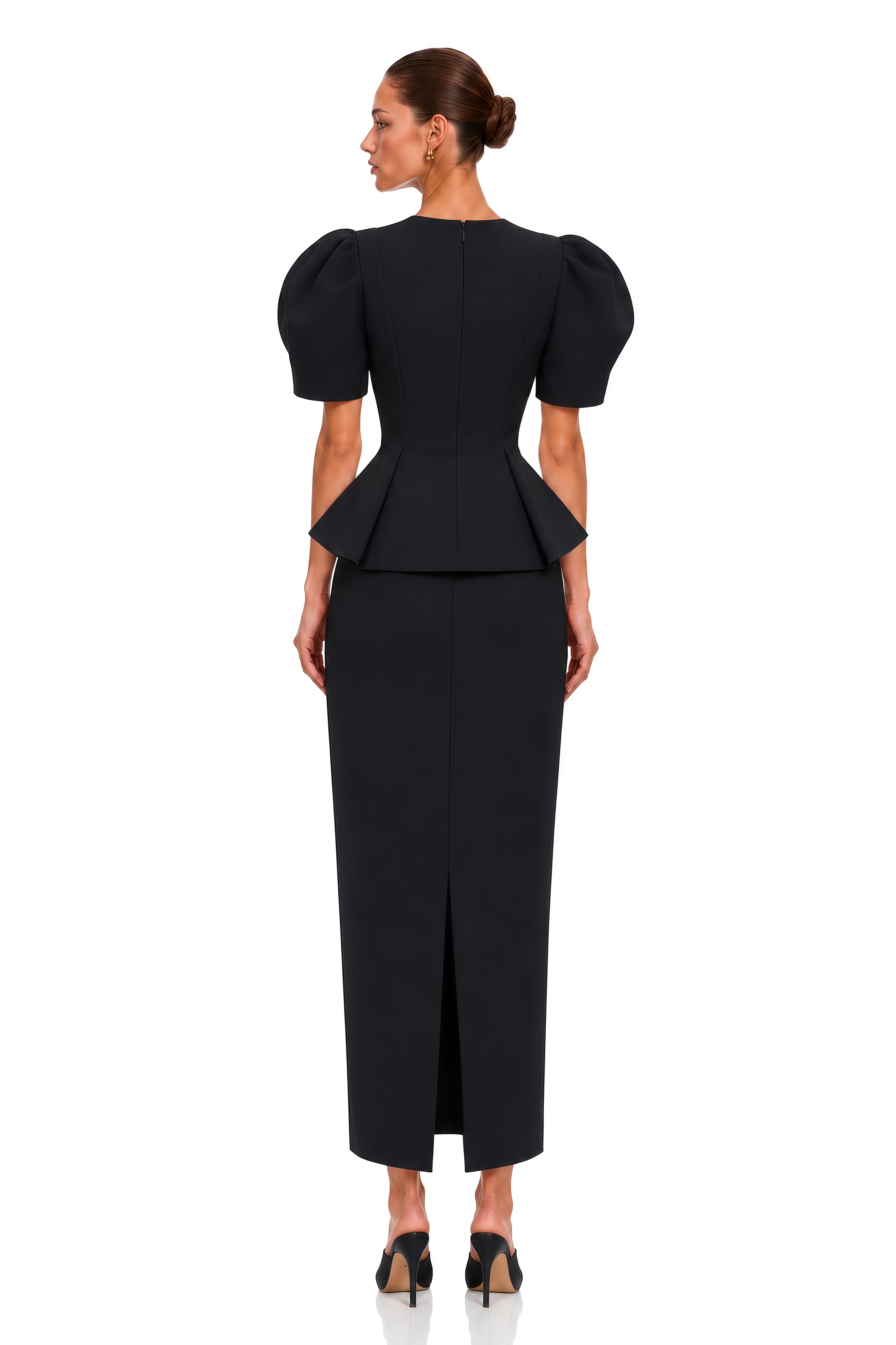 Clarice Black Puff Sleeve Peplum Blouse & Maxi Skirt Set