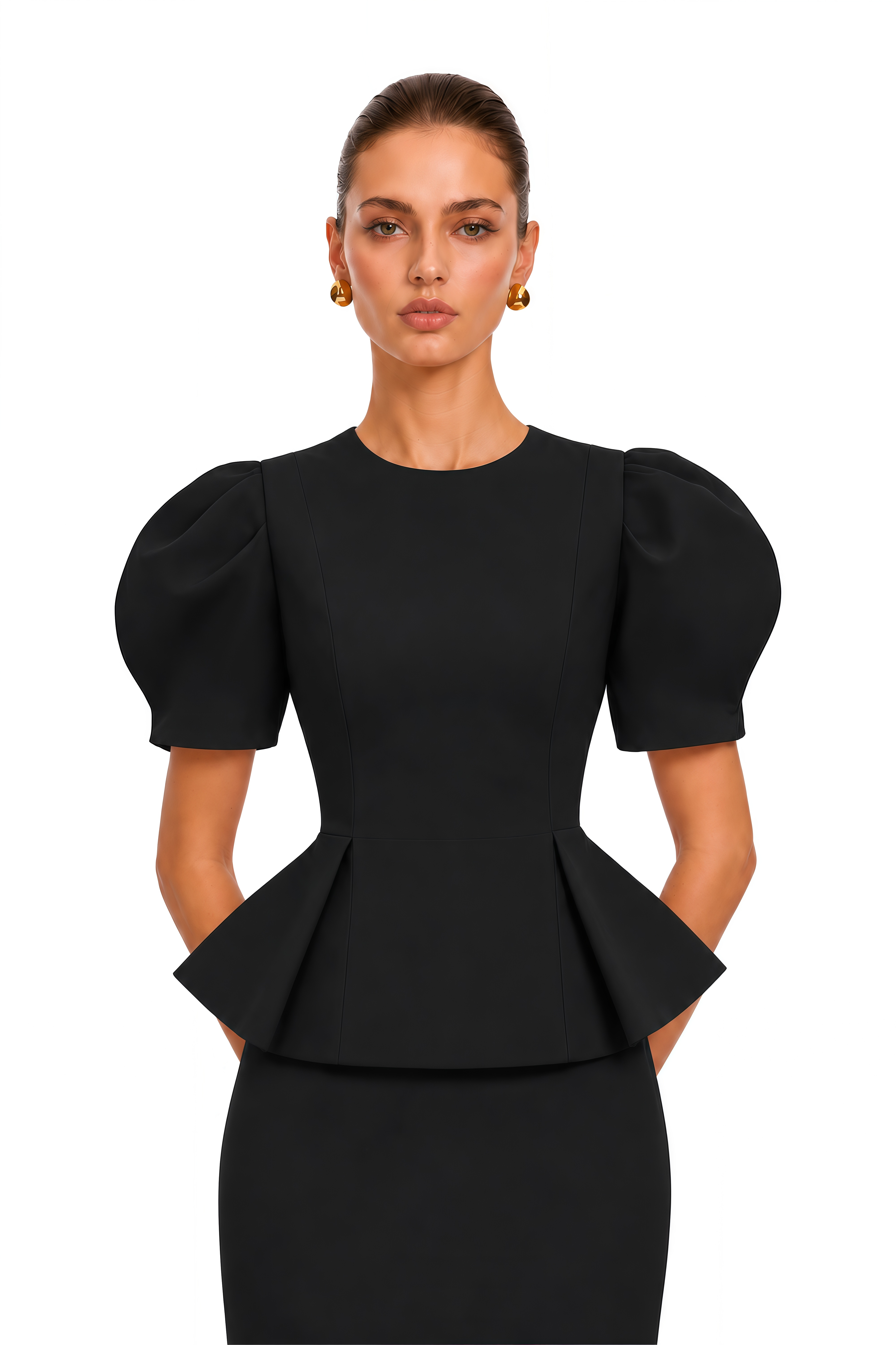 Clarice Black Puff Sleeve Peplum Blouse & Maxi Skirt Set