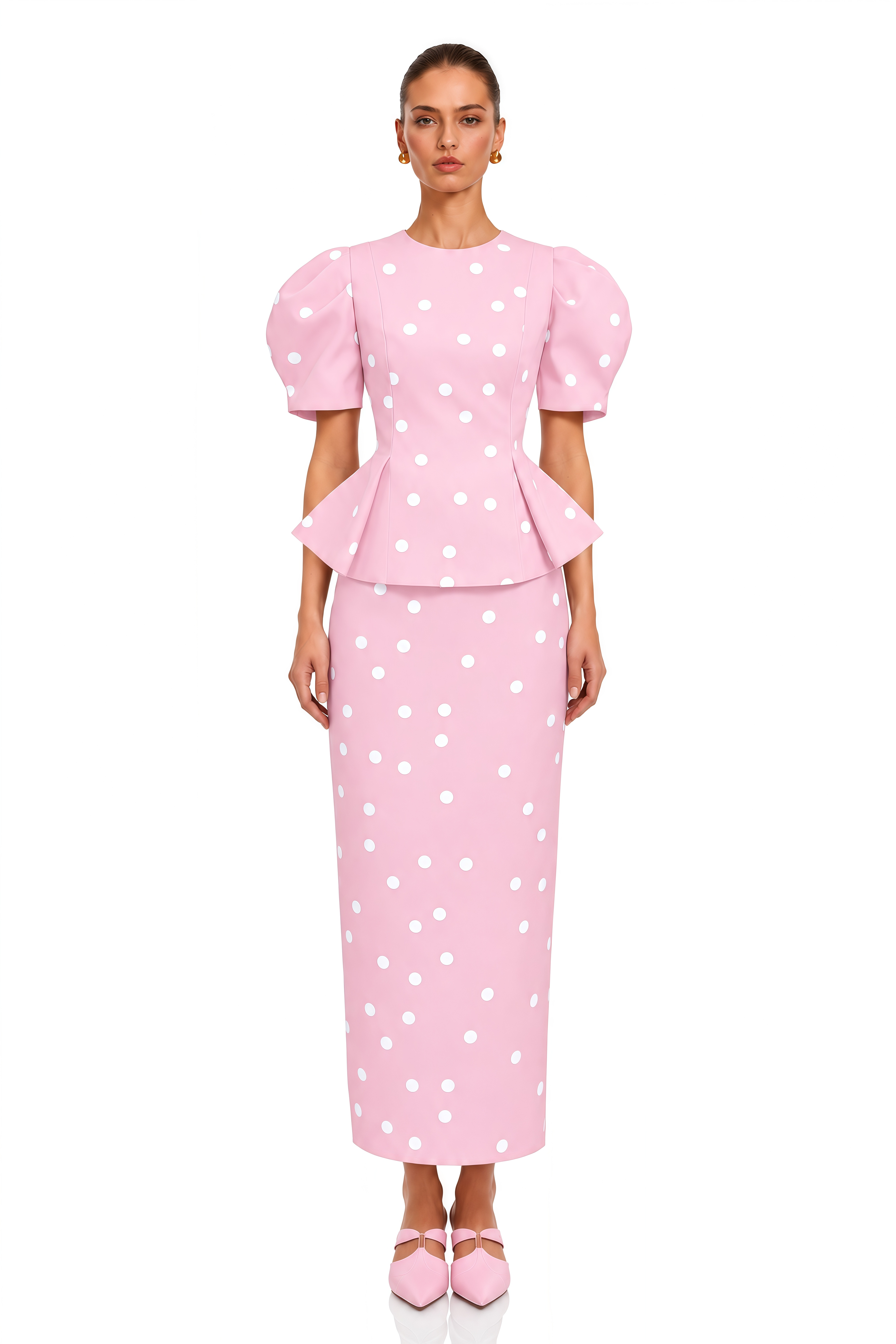 Clarice Pink Polka Dot Peplum Blouse & Maxi Skirt Set