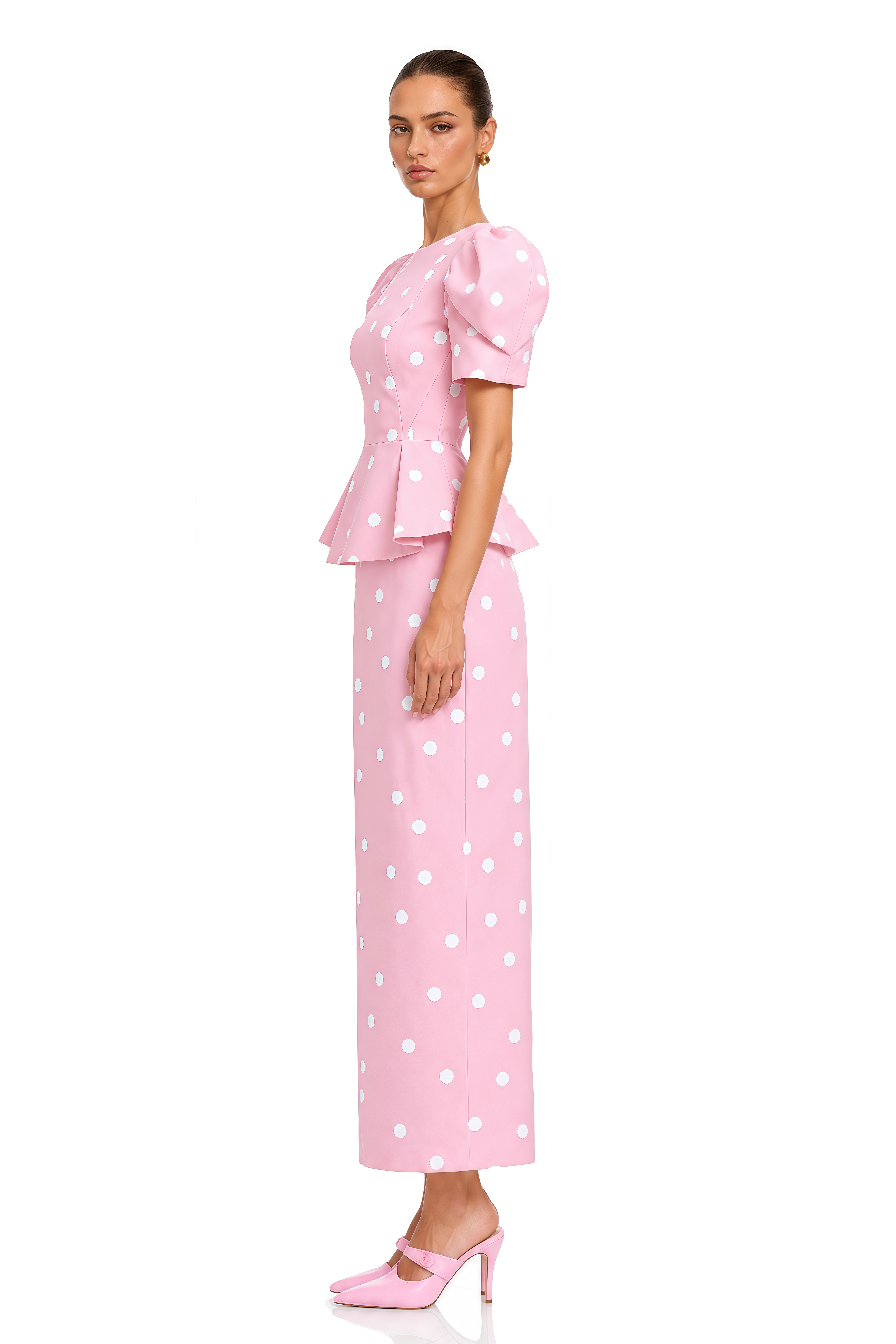 Clarice Pink Polka Dot Peplum Blouse & Maxi Skirt Set