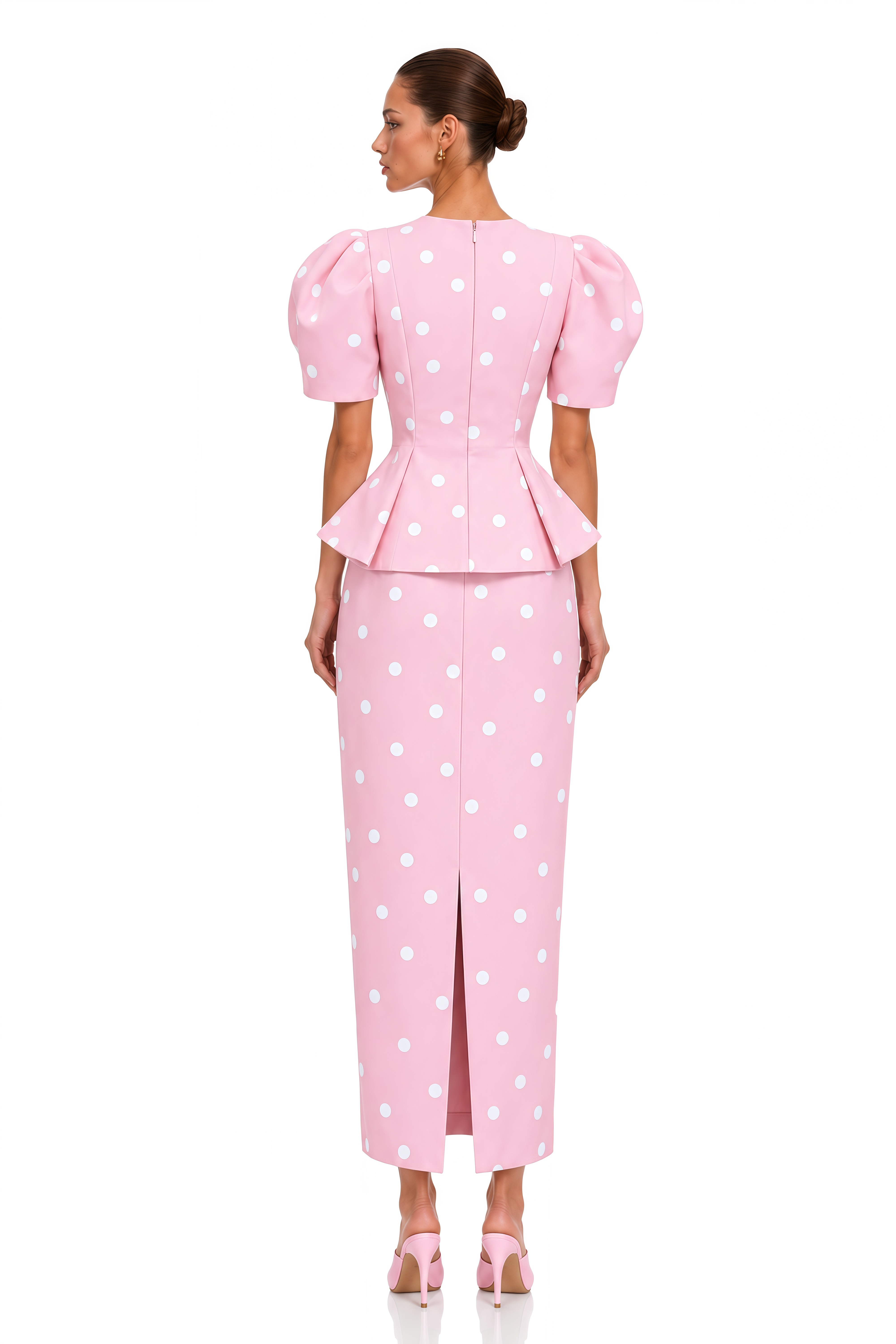 Clarice Pink Polka Dot Peplum Blouse & Maxi Skirt Set