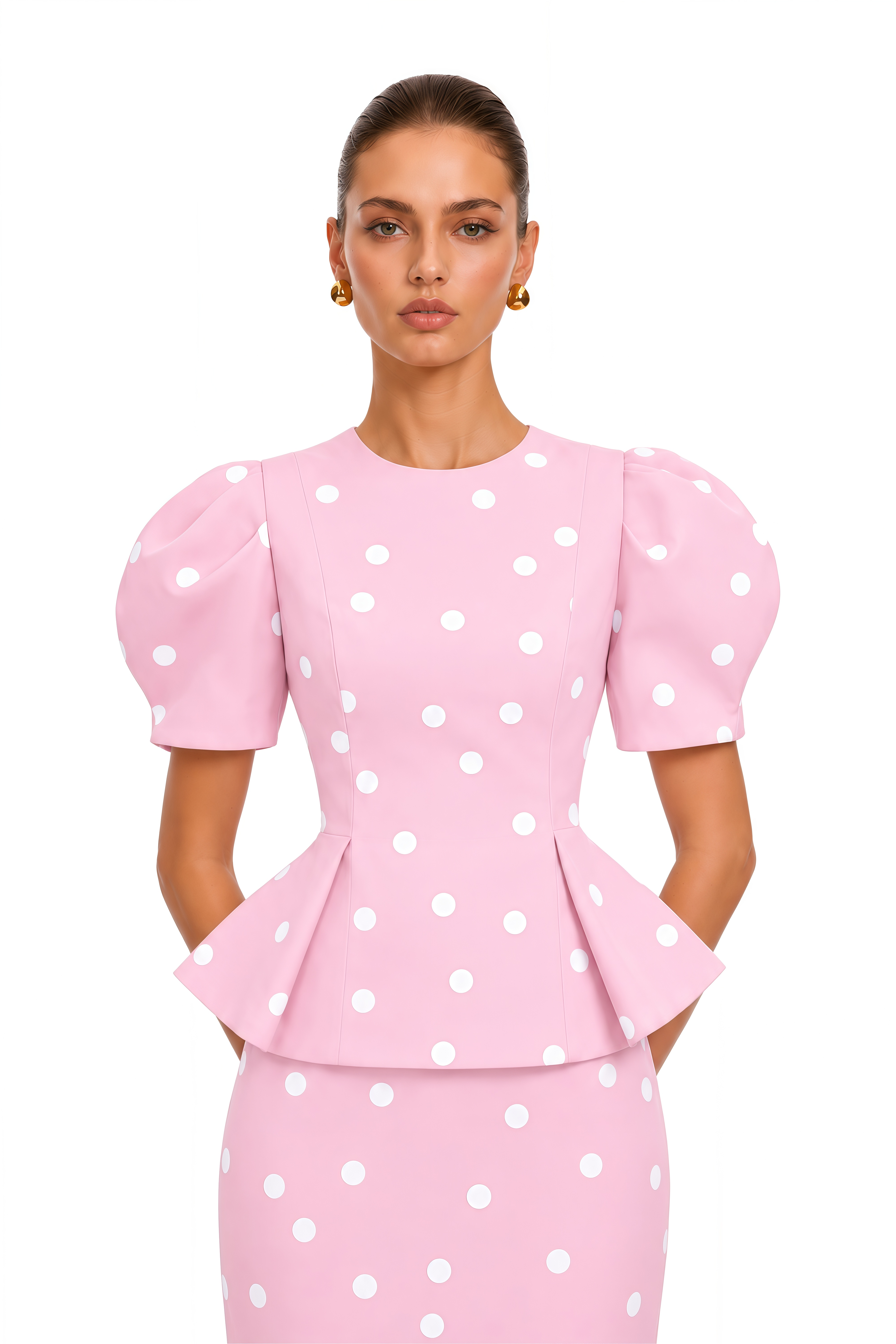 Clarice Pink Polka Dot Peplum Blouse & Maxi Skirt Set