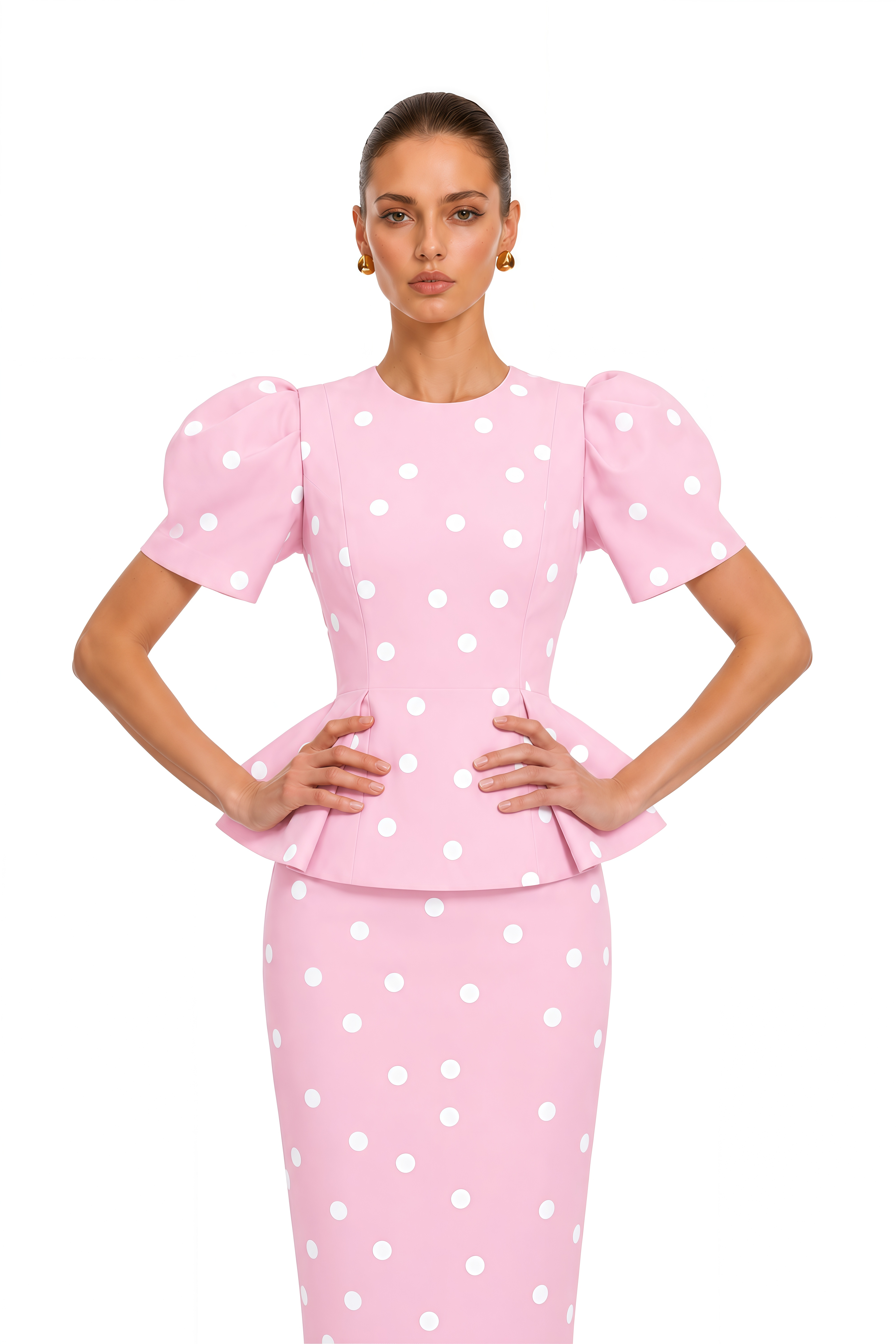 Clarice Pink Polka Dot Peplum Blouse & Maxi Skirt Set