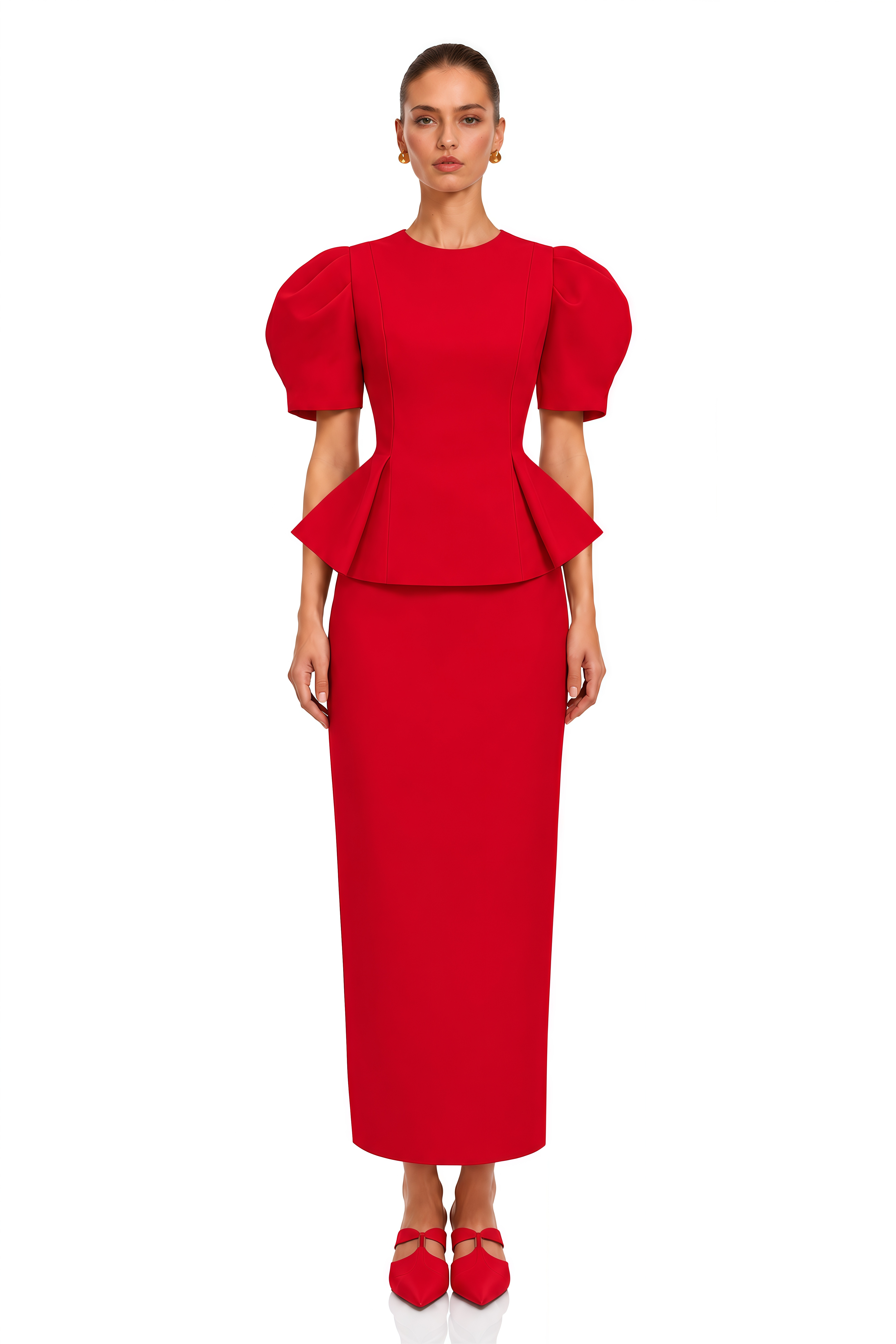 Clarice Red Puff Sleeve Peplum Blouse & Maxi Skirt Set