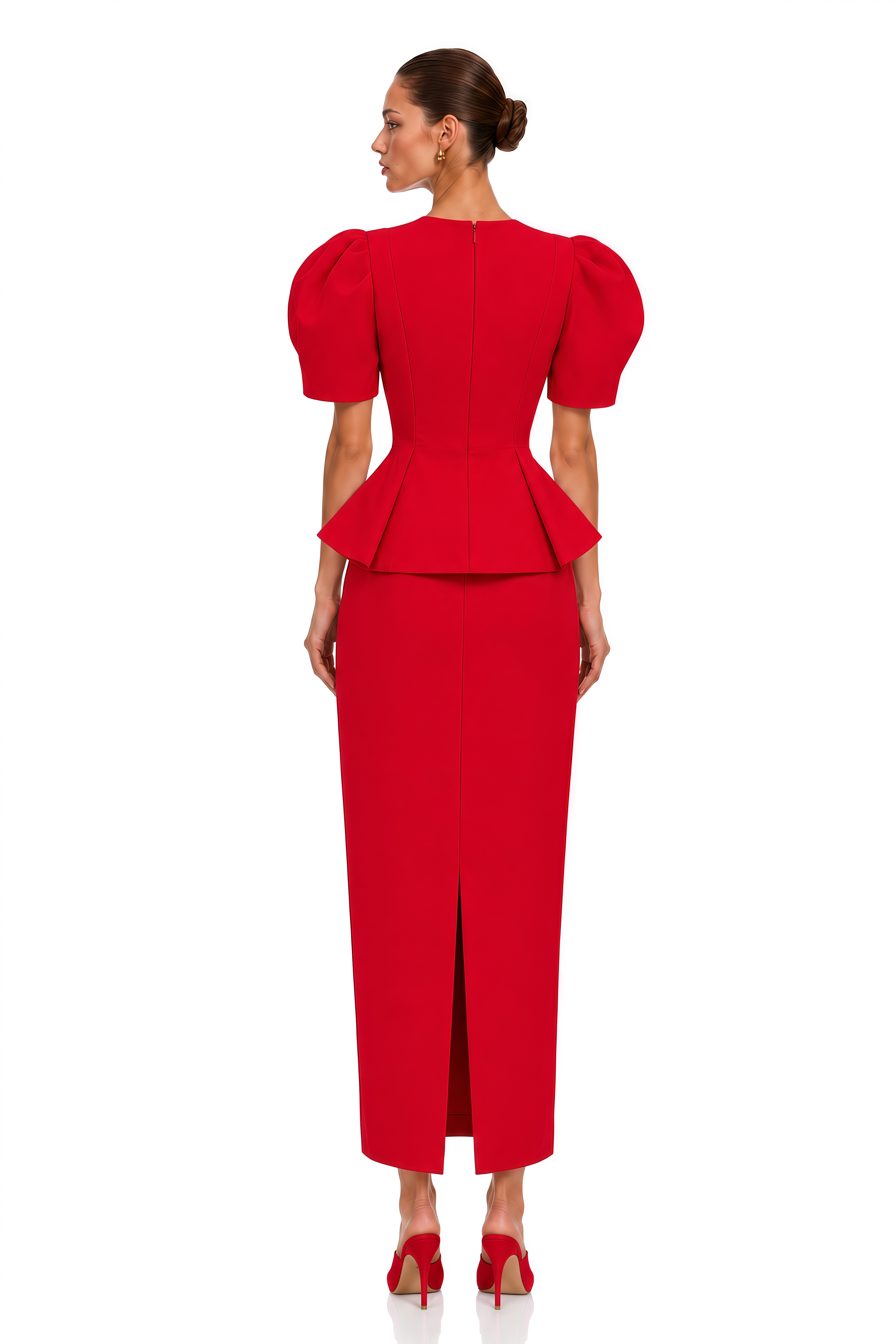 Clarice Red Puff Sleeve Peplum Blouse & Maxi Skirt Set