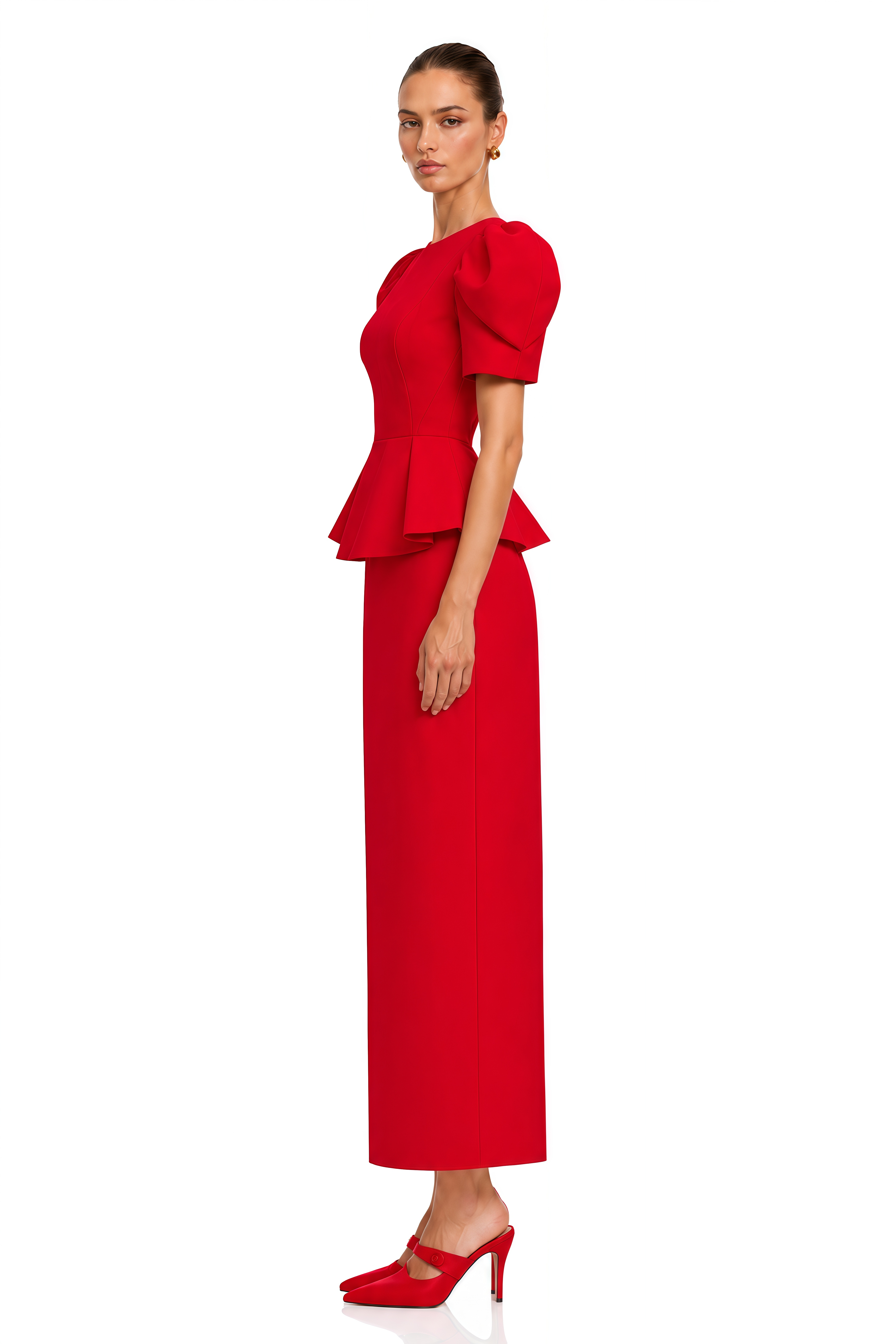 Clarice Red Puff Sleeve Peplum Blouse & Maxi Skirt Set