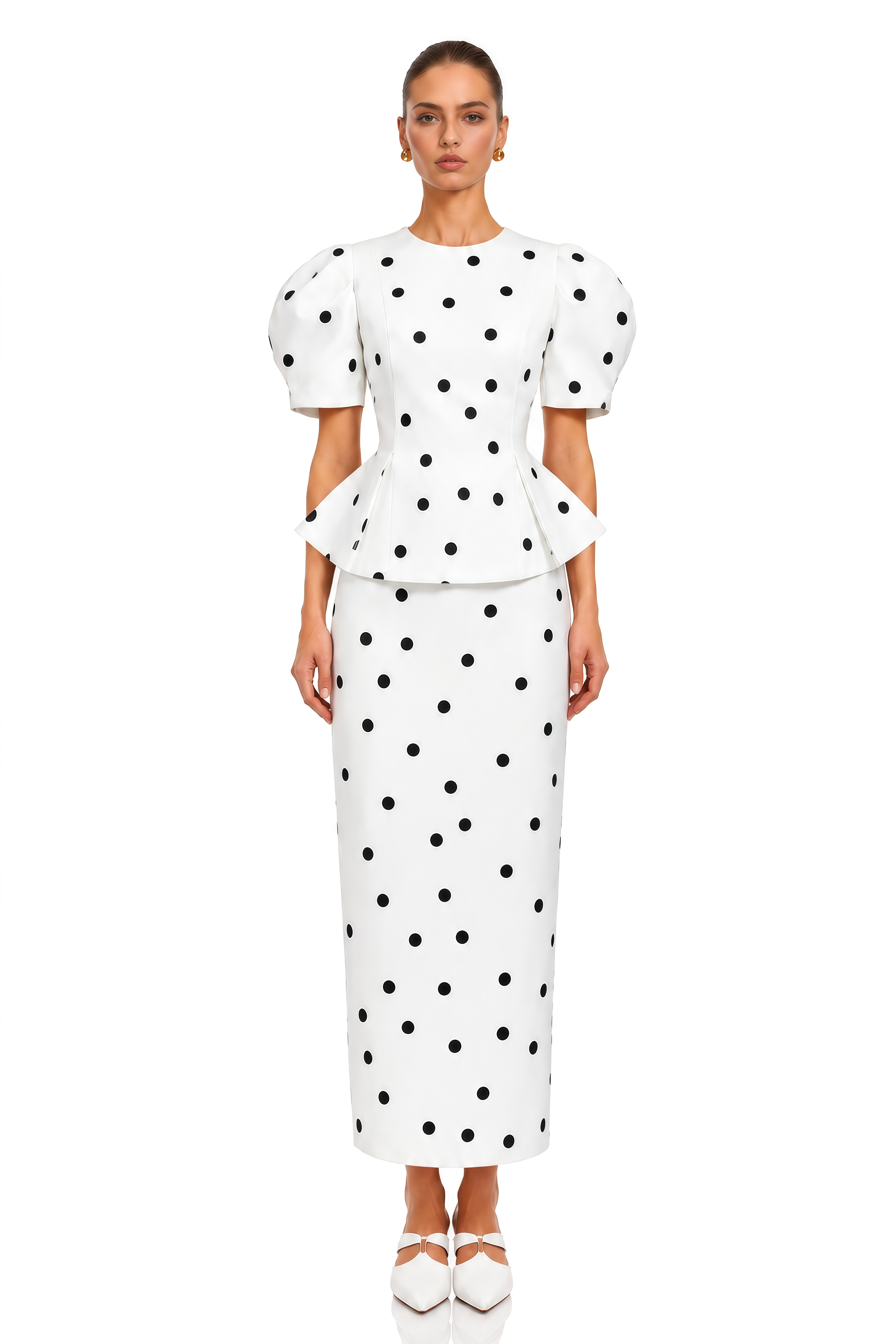 Clarice White Polka Dot Peplum Blouse & Maxi Skirt Set