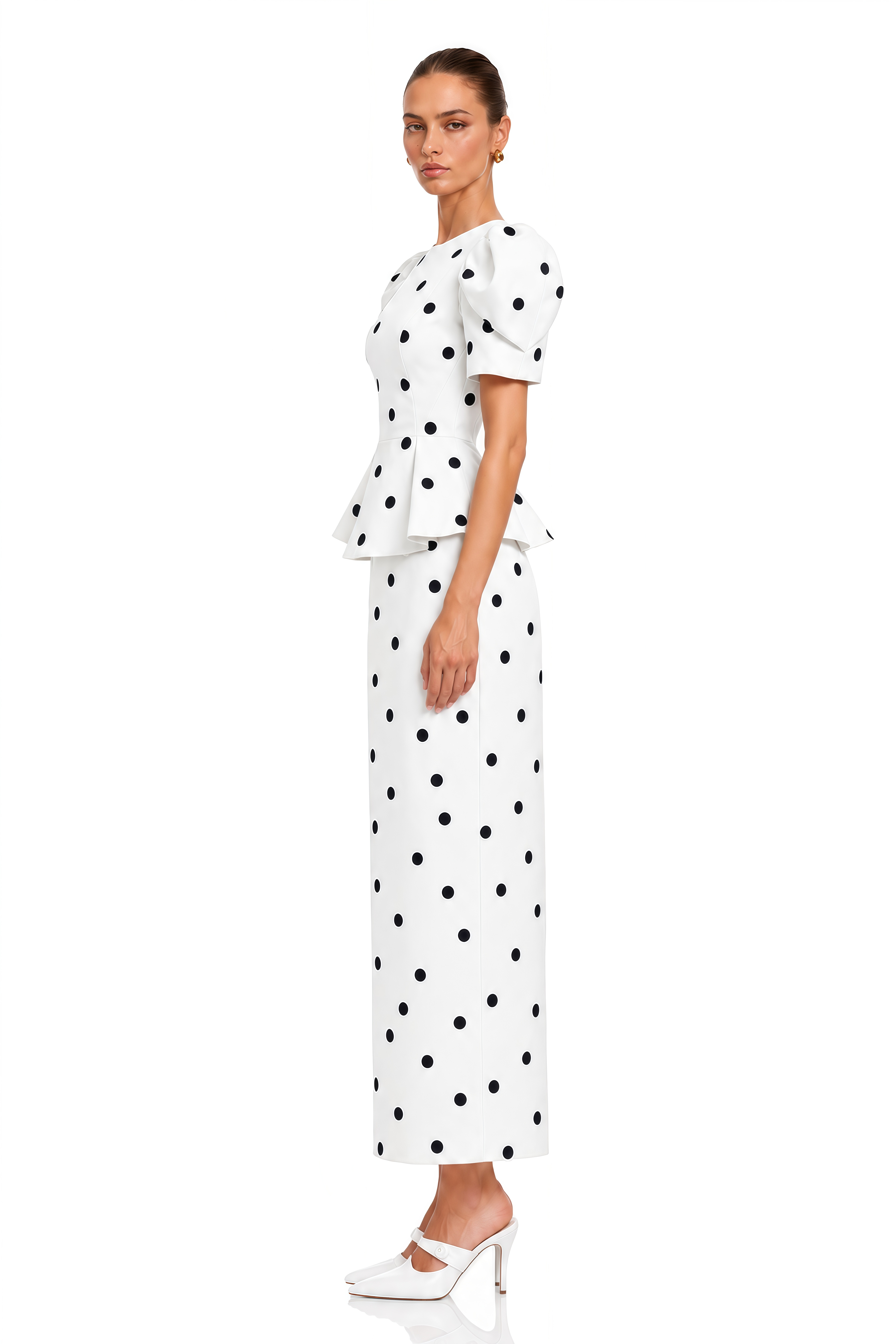 Clarice White Polka Dot Peplum Blouse & Maxi Skirt Set