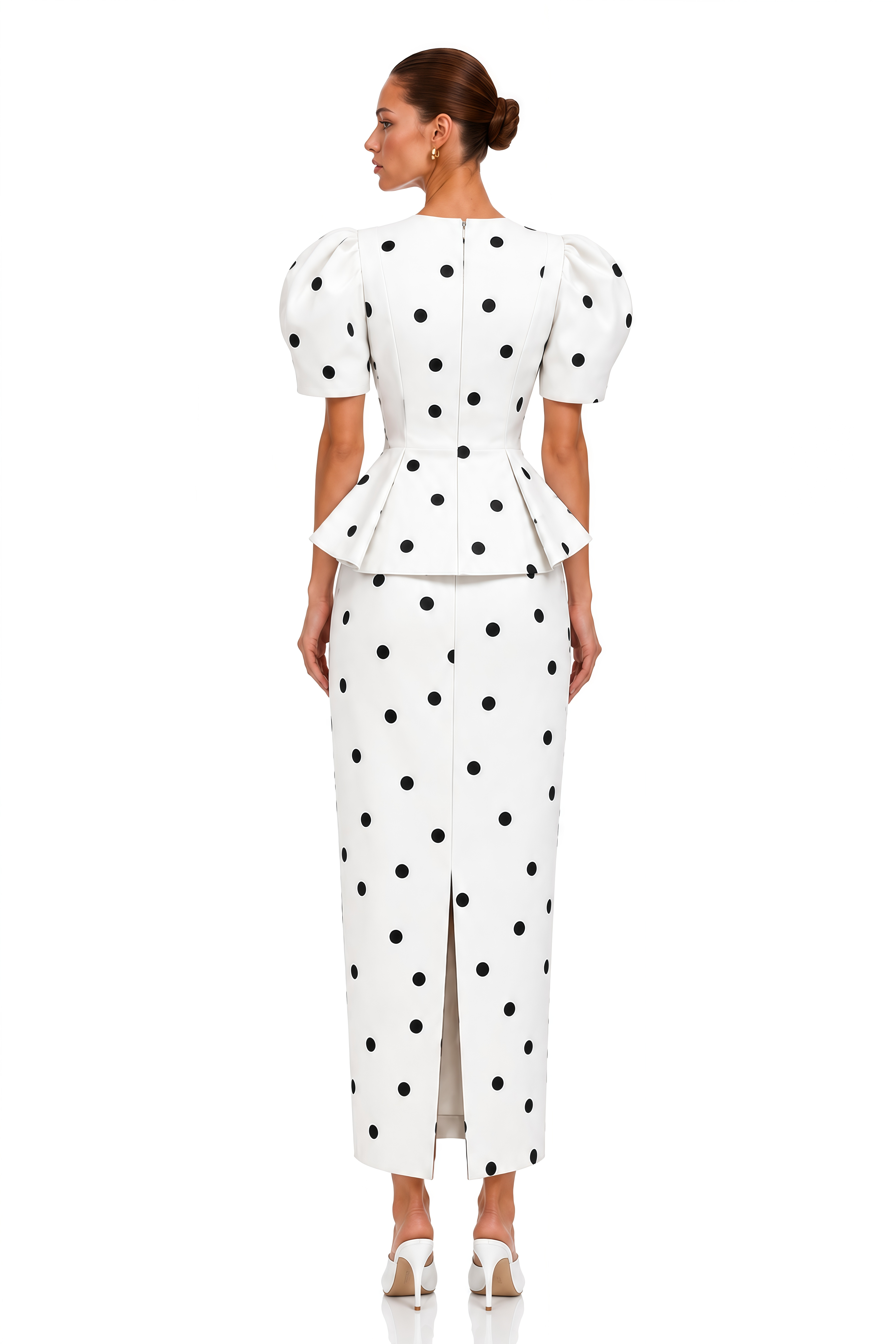 Clarice White Polka Dot Peplum Blouse & Maxi Skirt Set