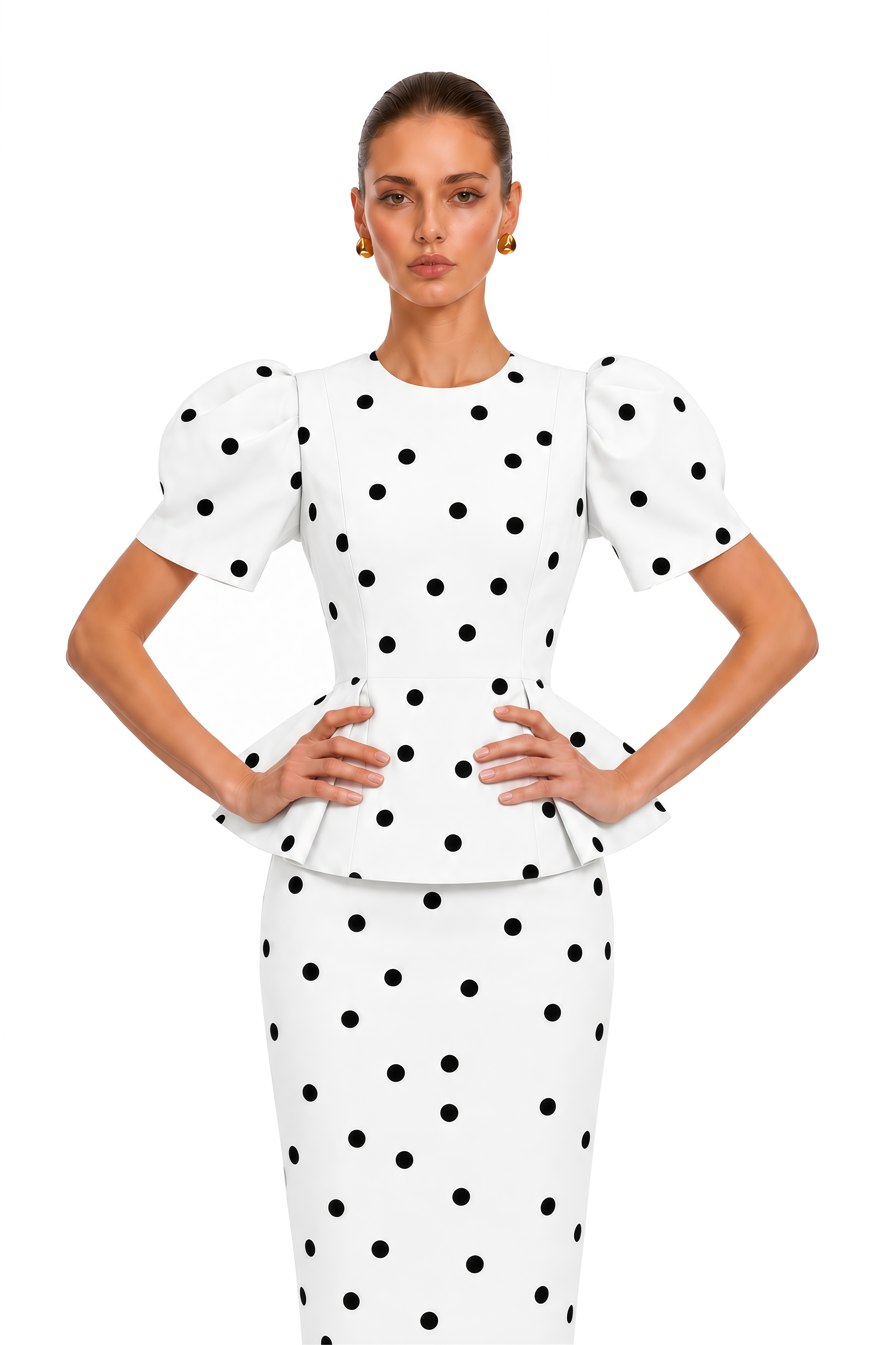Clarice White Polka Dot Peplum Blouse & Maxi Skirt Set