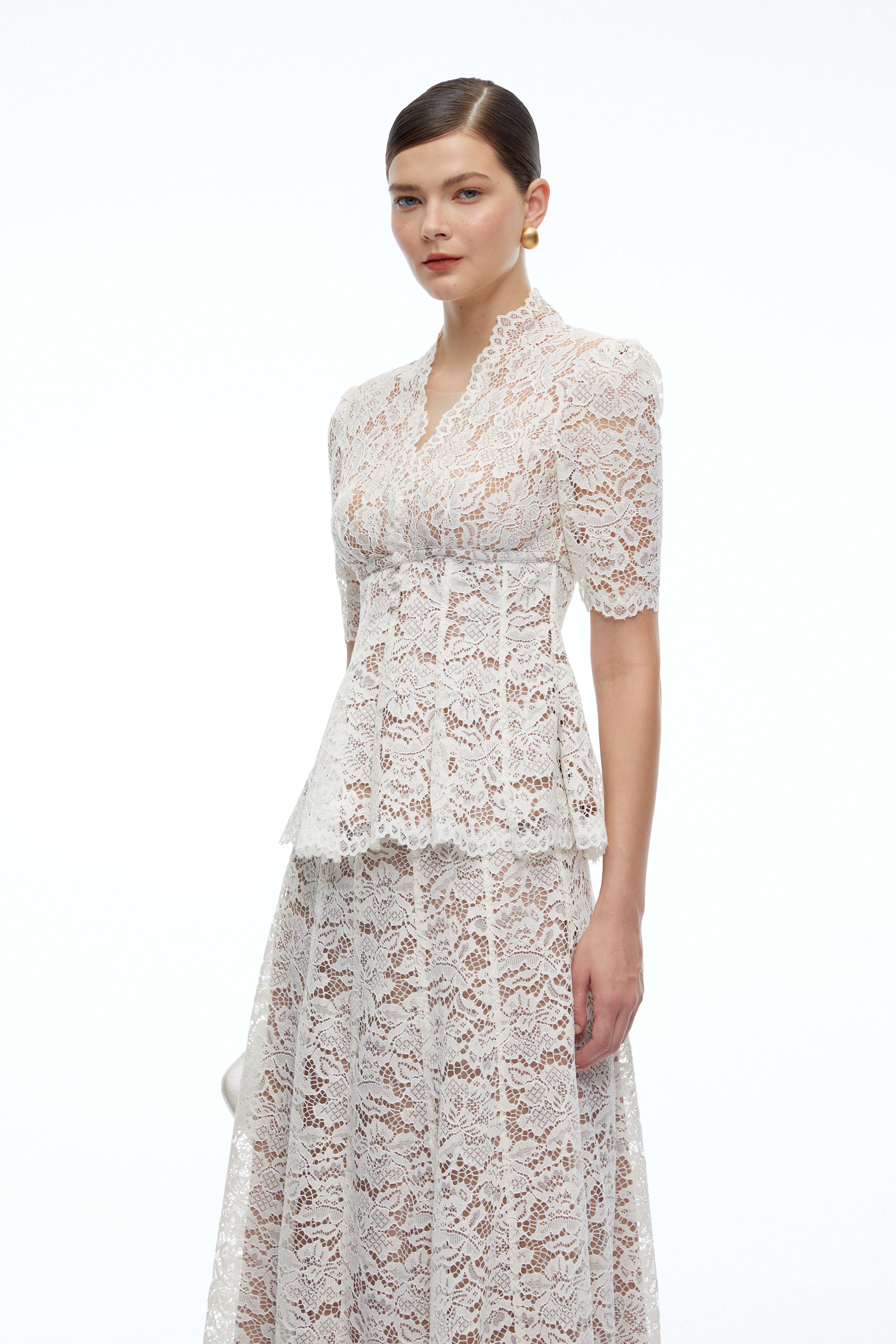Clarimond White Lace Peplum Top & Maxi Skirt Set