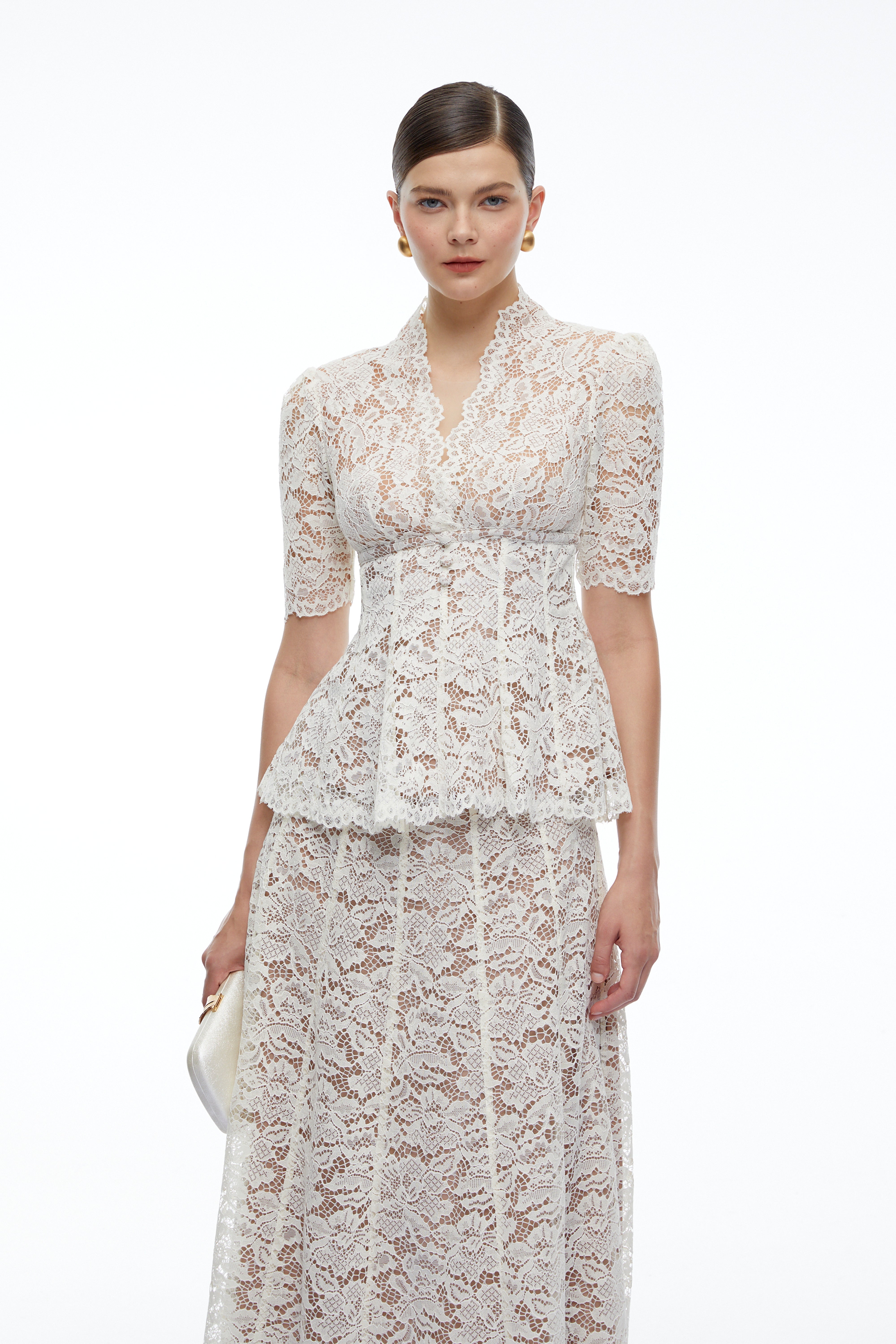 Clarimond White Lace Peplum Top & Maxi Skirt Set
