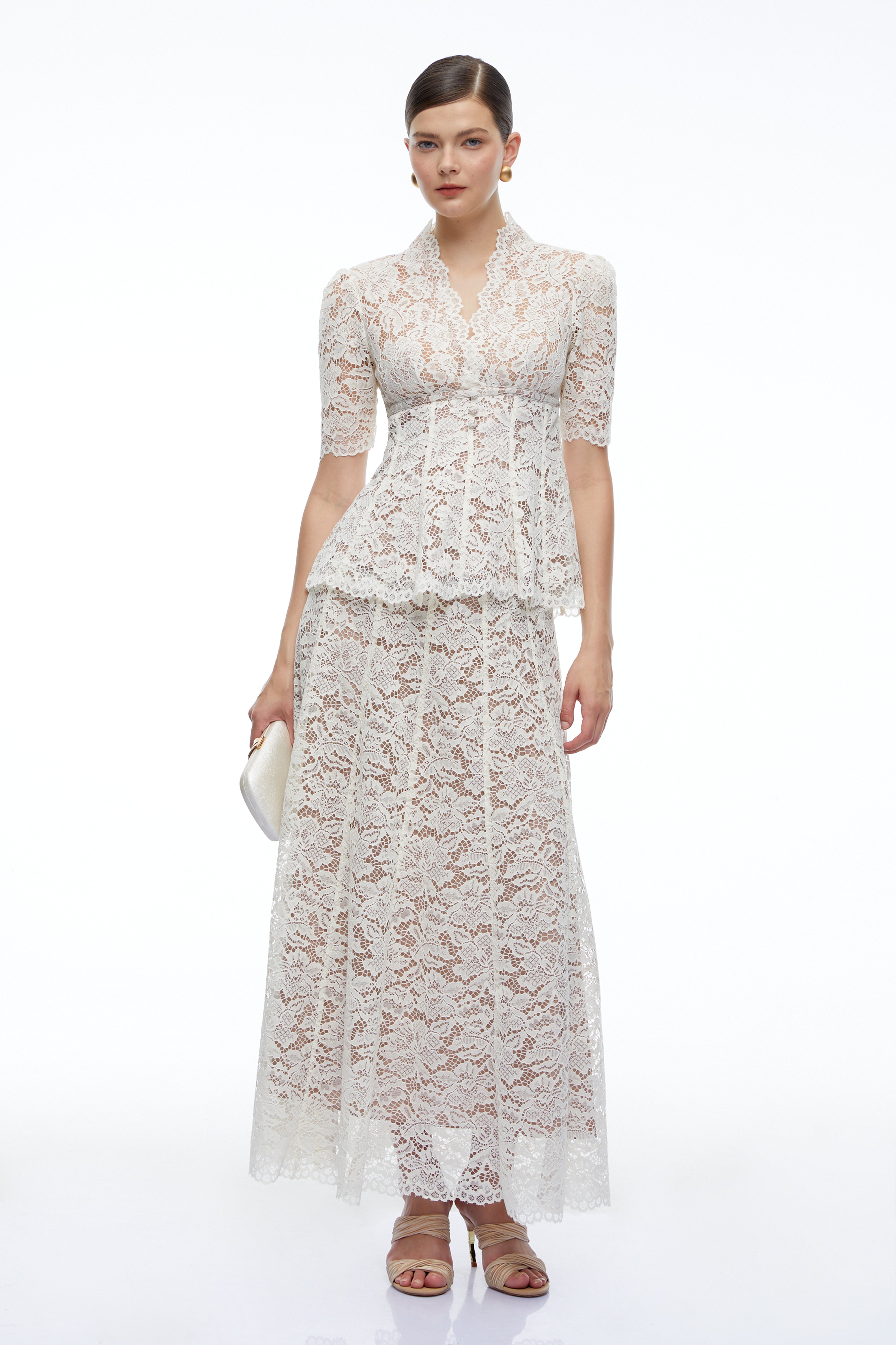 Clarimond White Lace Peplum Top & Maxi Skirt Set