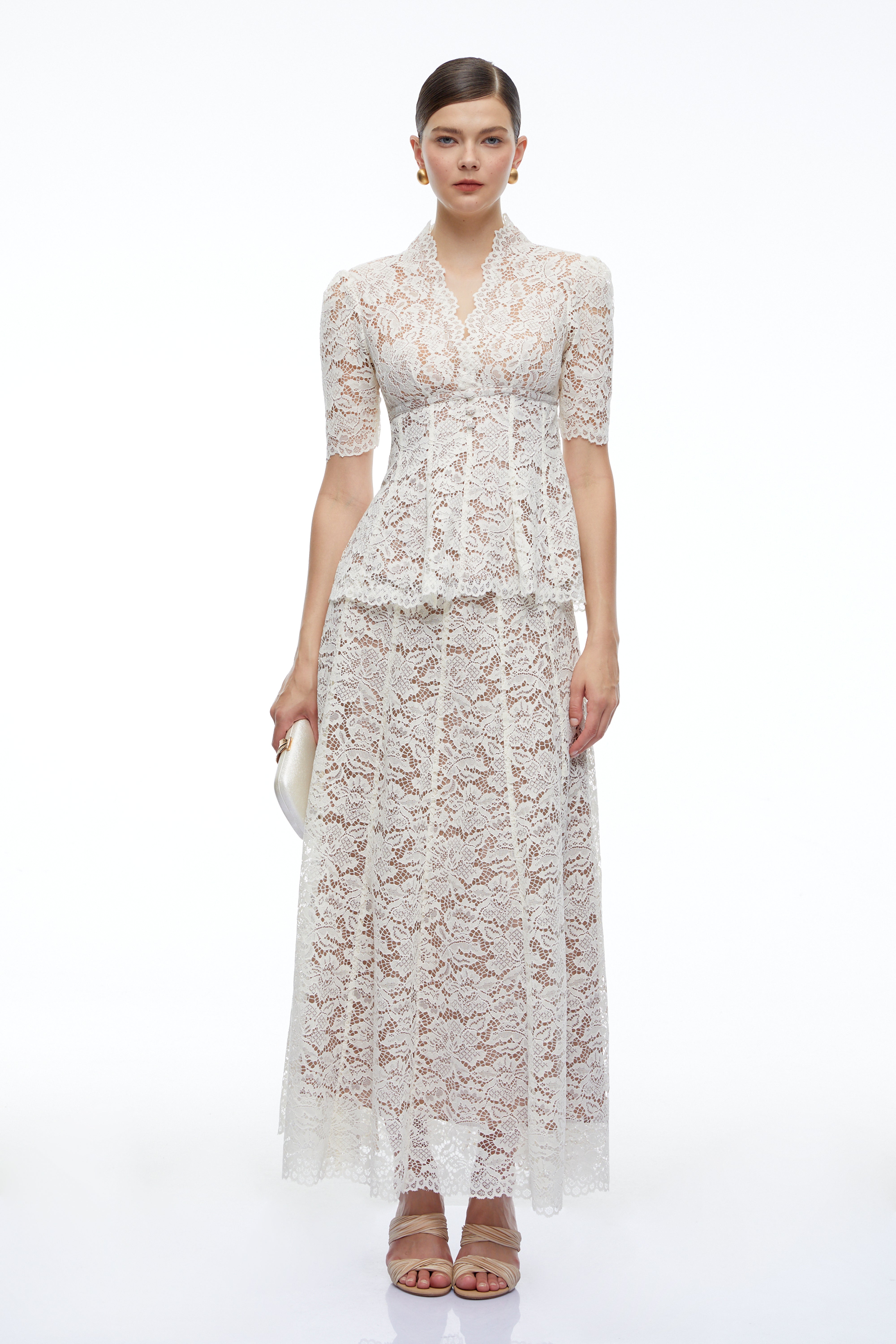 Clarimond White Lace Peplum Top & Maxi Skirt Set