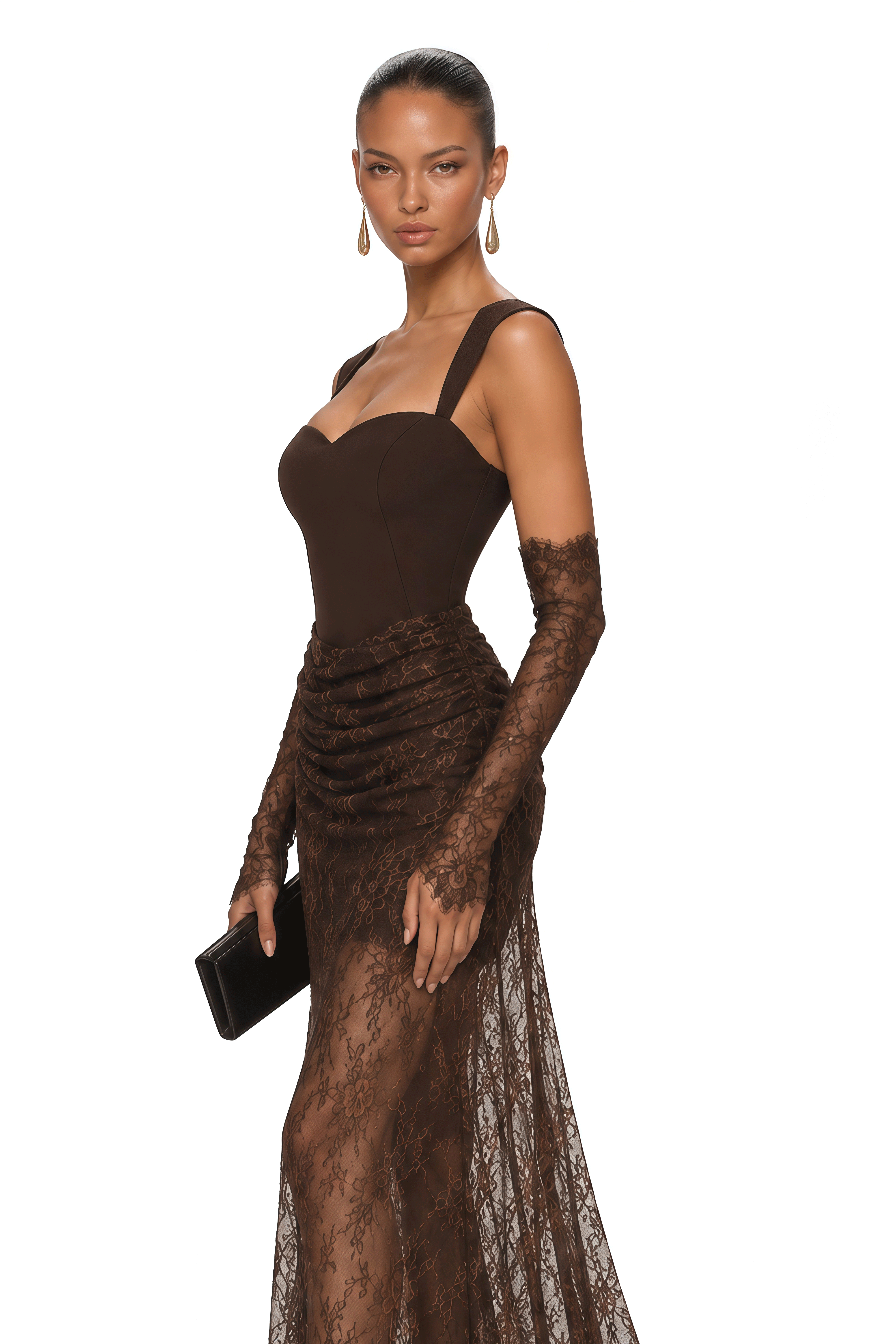 Clarisse Chocolate Brown Lace Panel Maxi Dress
