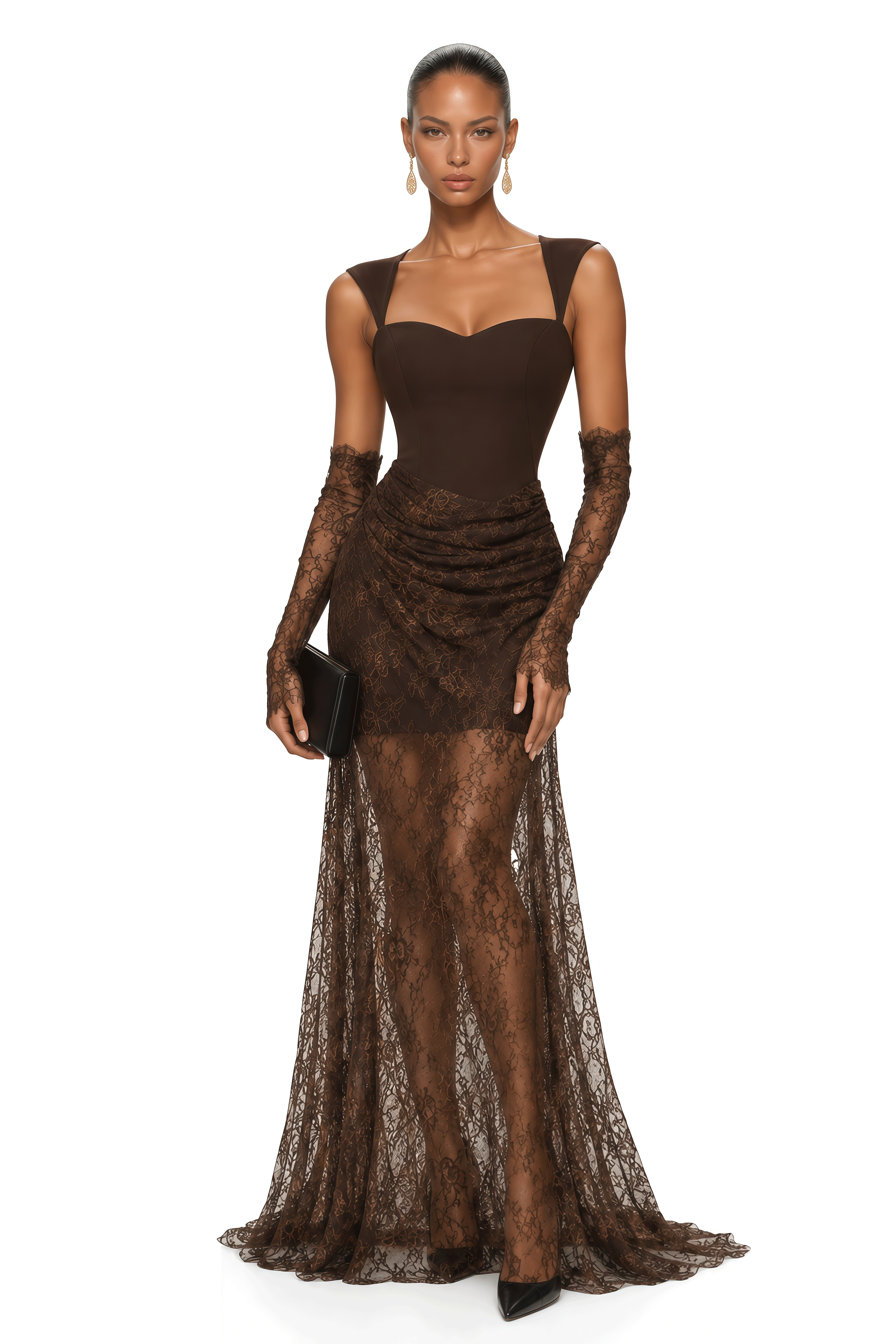 Clarisse Chocolate Brown Lace Panel Maxi Dress