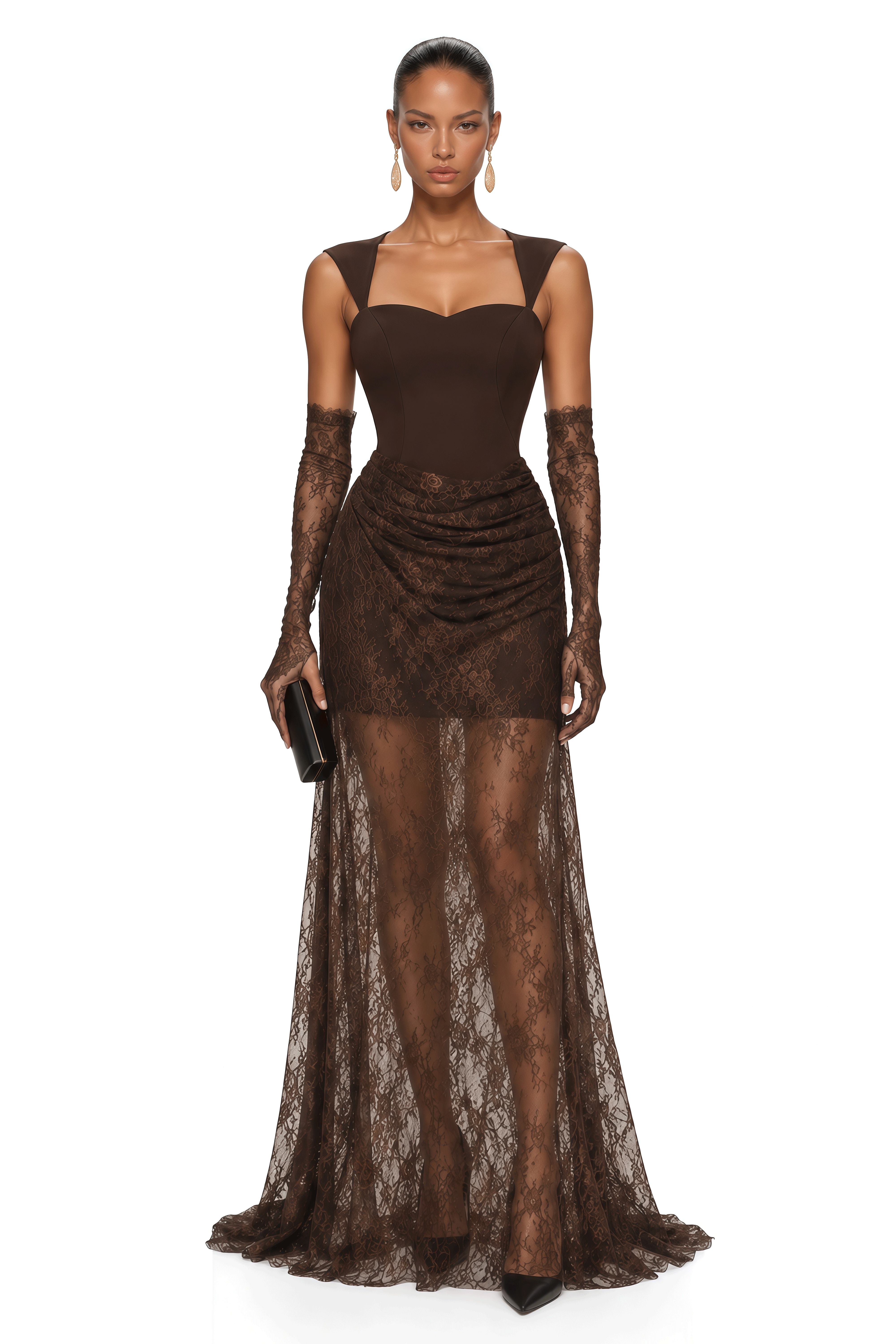 Clarisse Chocolate Brown Lace Panel Maxi Dress