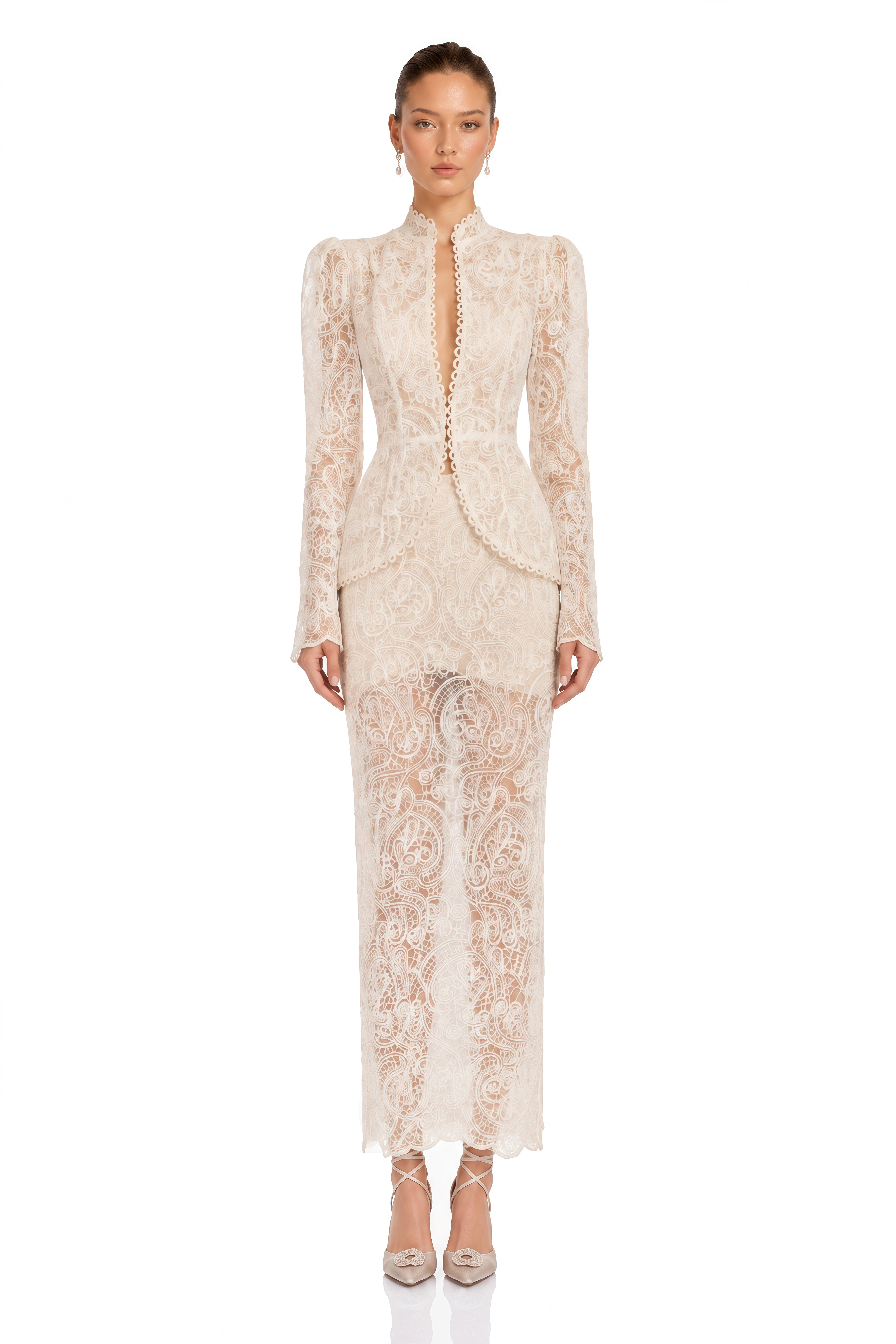 Clarisse Ivory Lace Peplum Blouse & Maxi Skirt Set