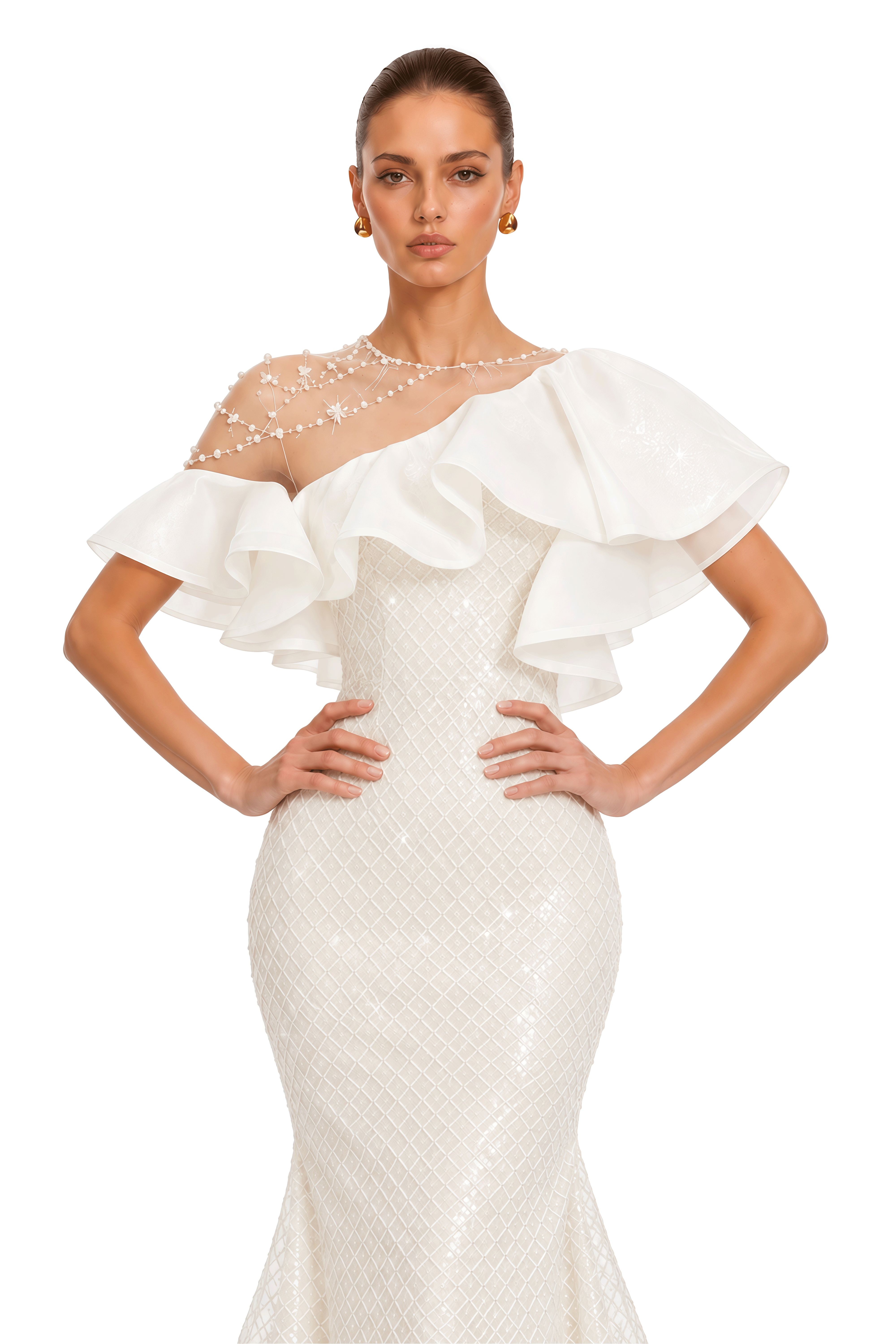 Clarisse Ivory Pearl Embellished Ruffle Maxi Dress
