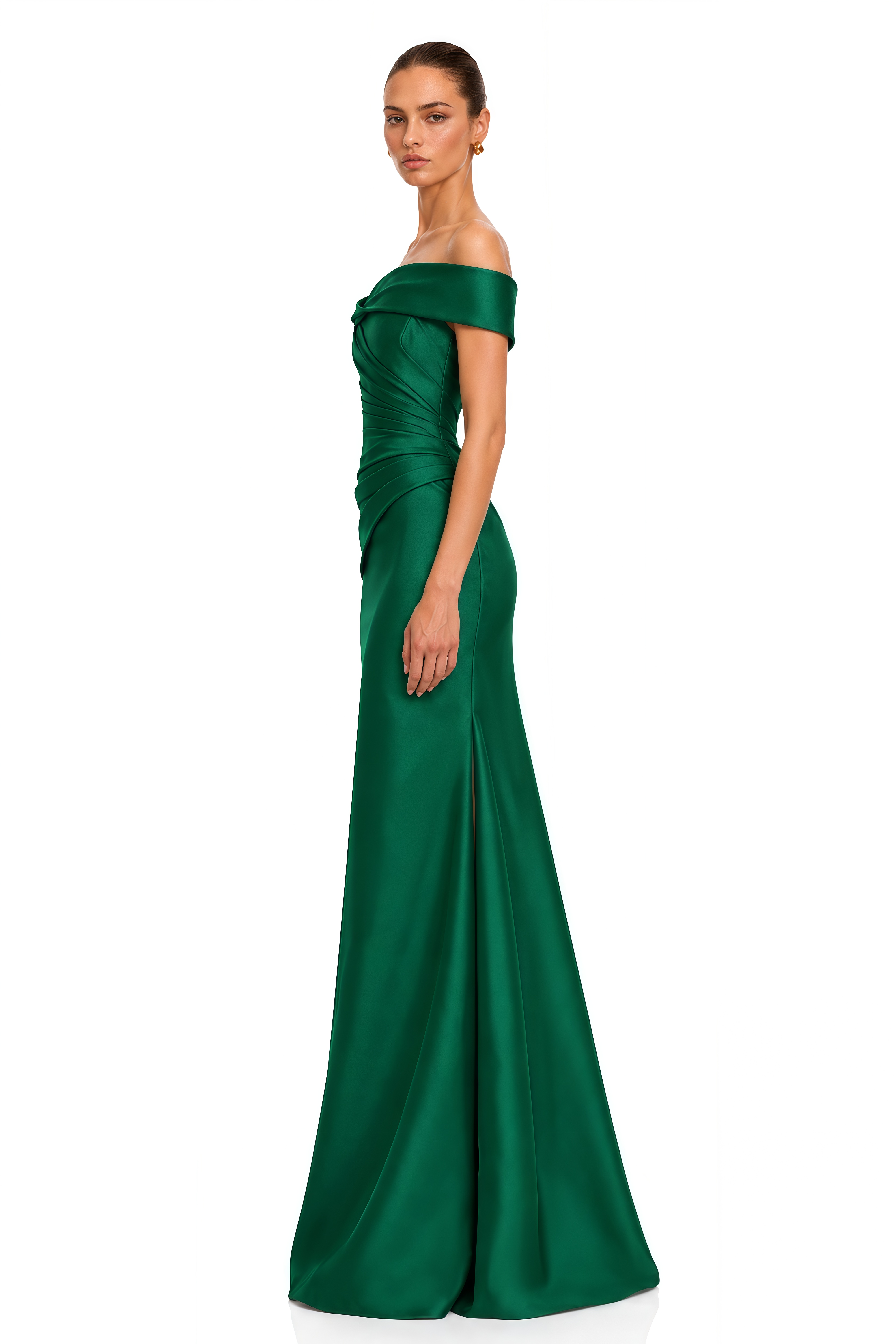 Cleo Emerald Green Off Shoulder Ruched Mermaid Maxi Dress