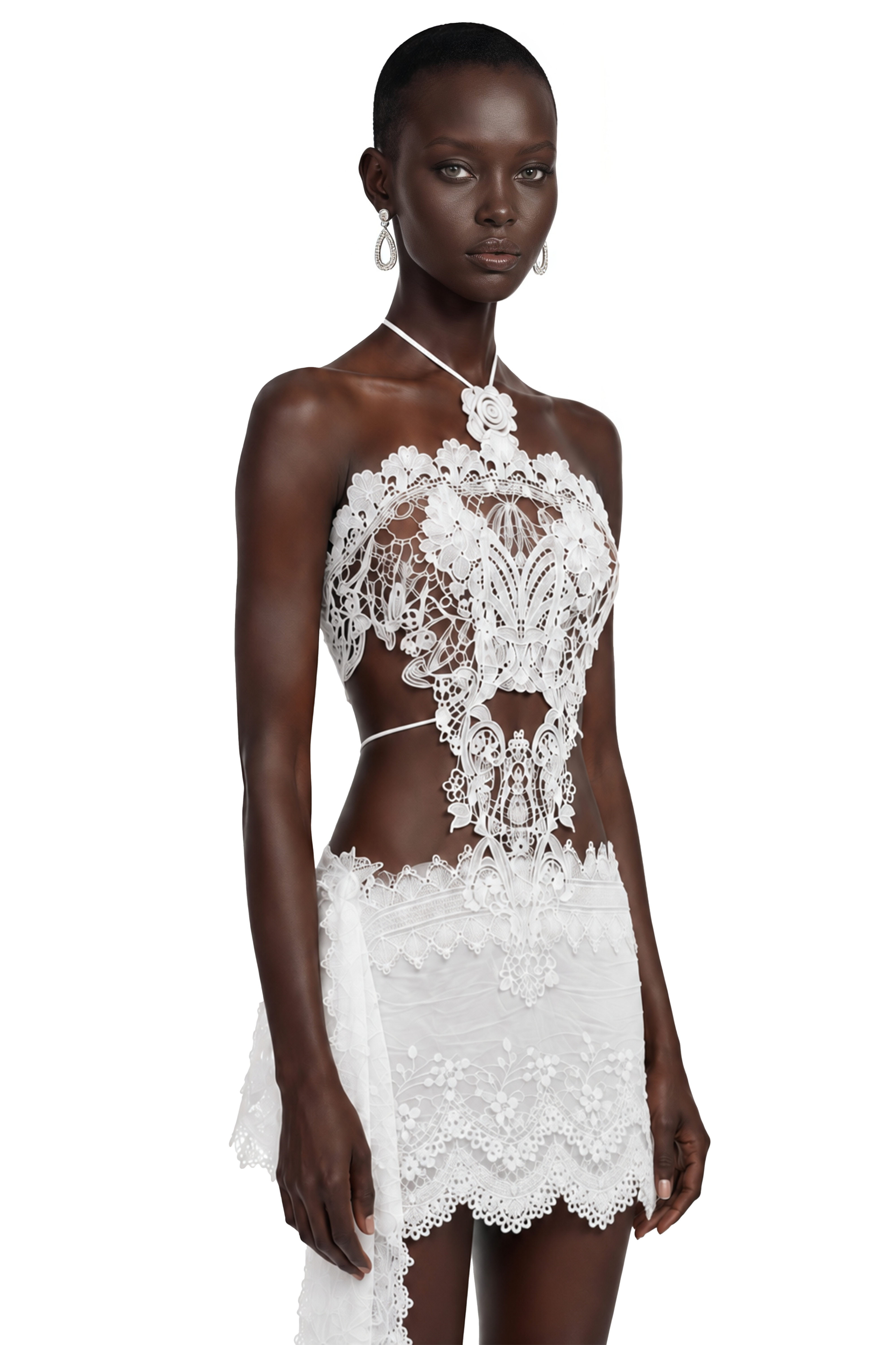 Clotilde White Lace Cut-Out Top & Mini Skirt Set