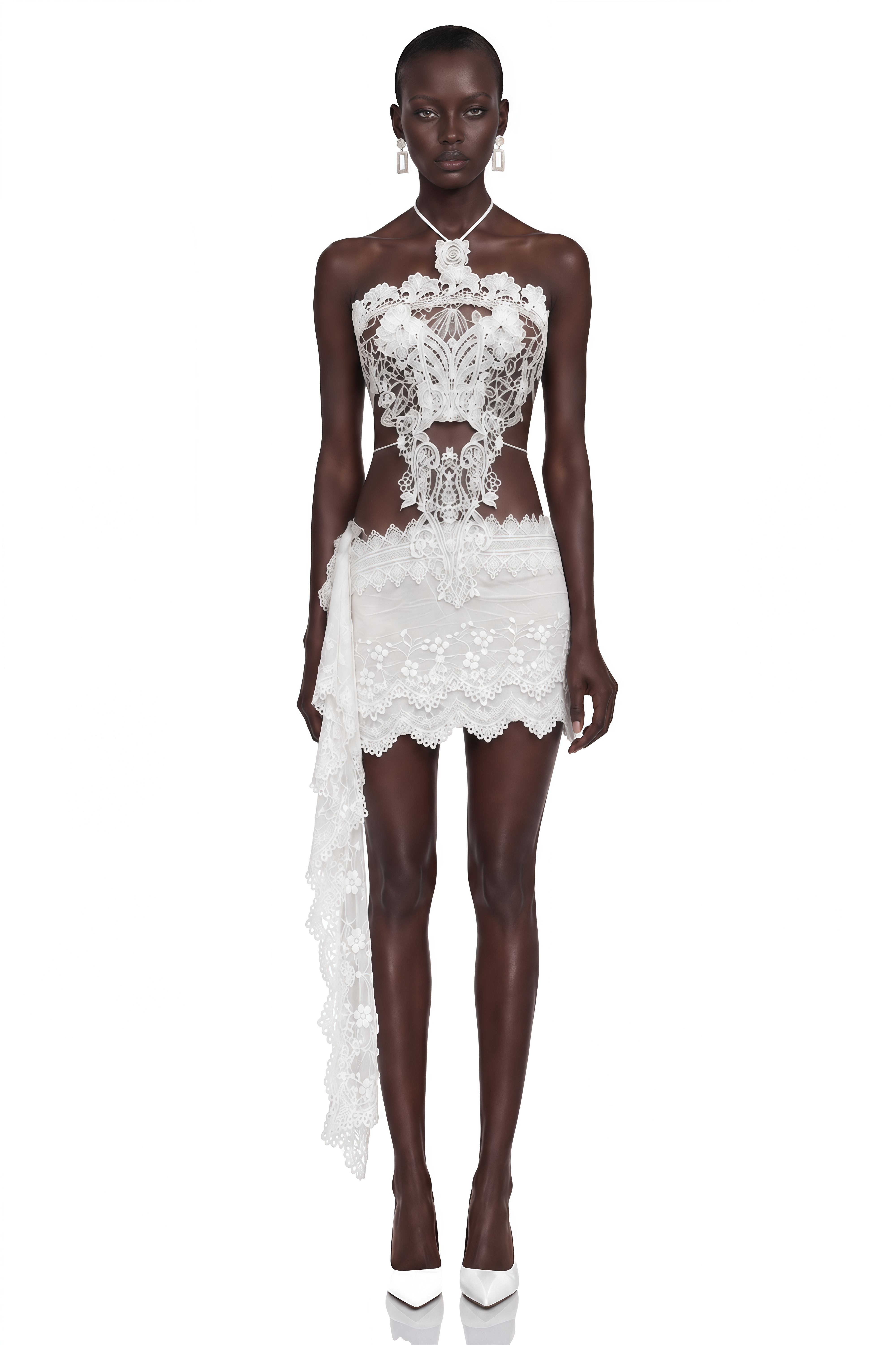 Clotilde White Lace Cut-Out Top & Mini Skirt Set