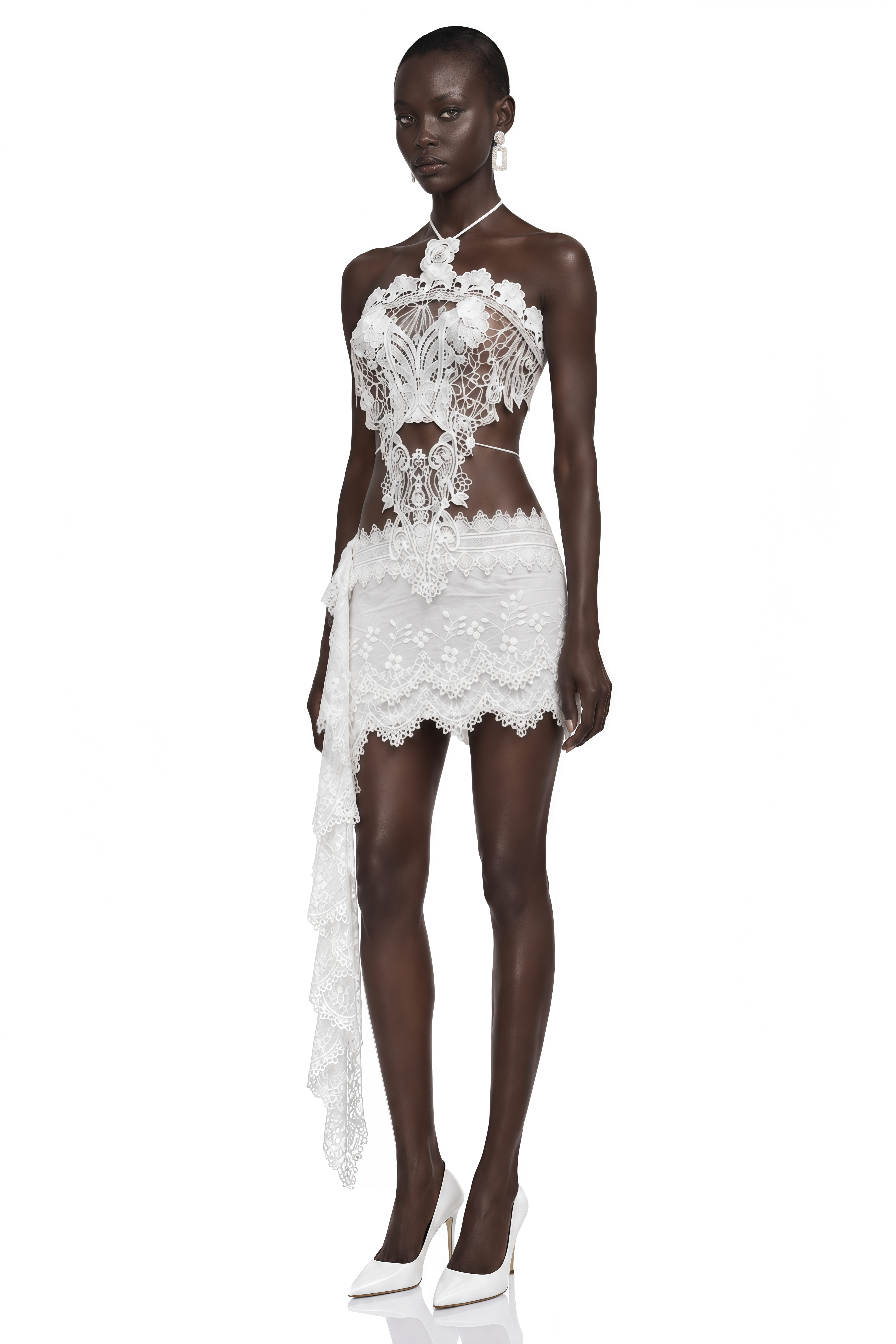 Clotilde White Lace Cut-Out Top & Mini Skirt Set