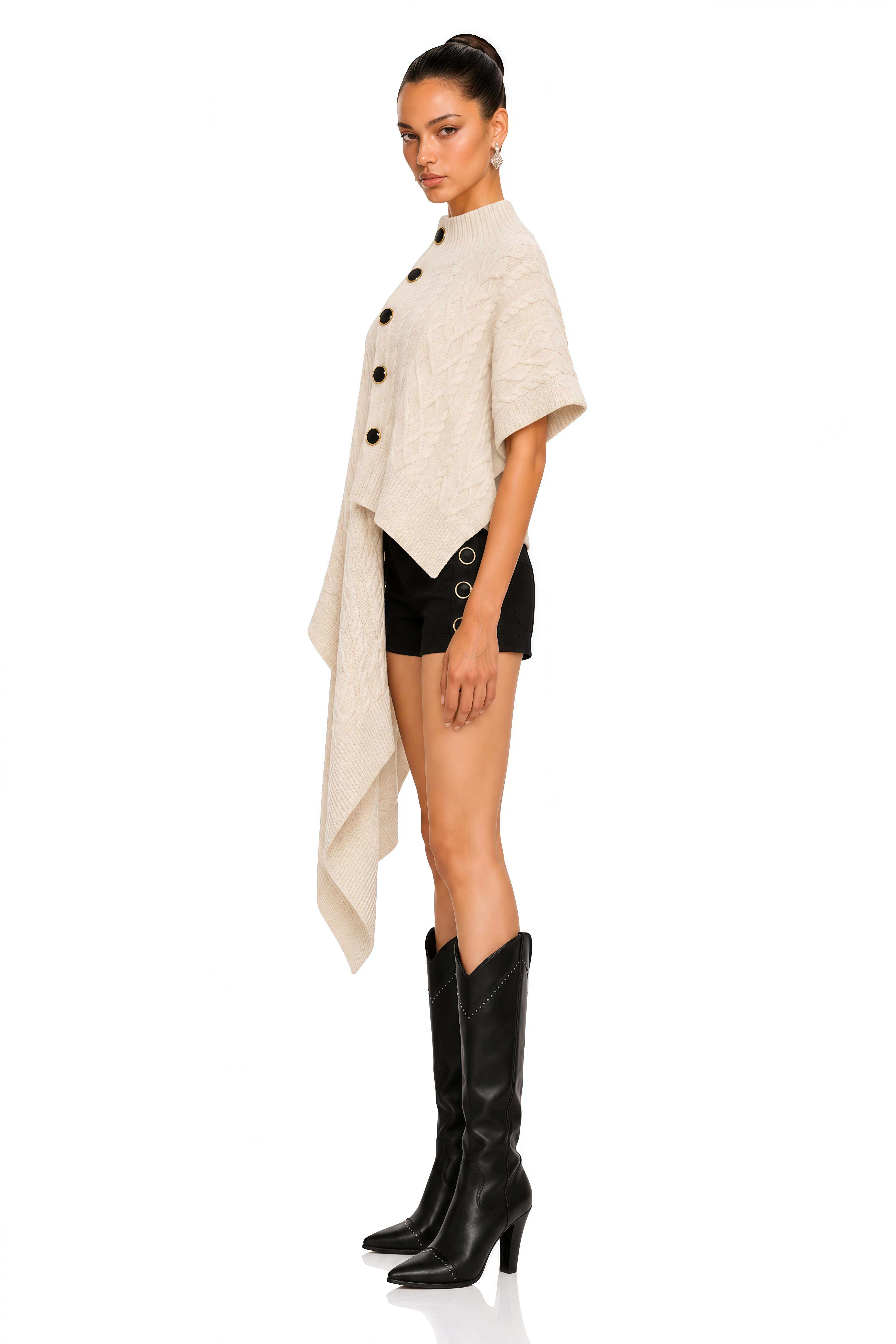 Colette Neutral Cable Knit Poncho Top & Button Detail Shorts Set