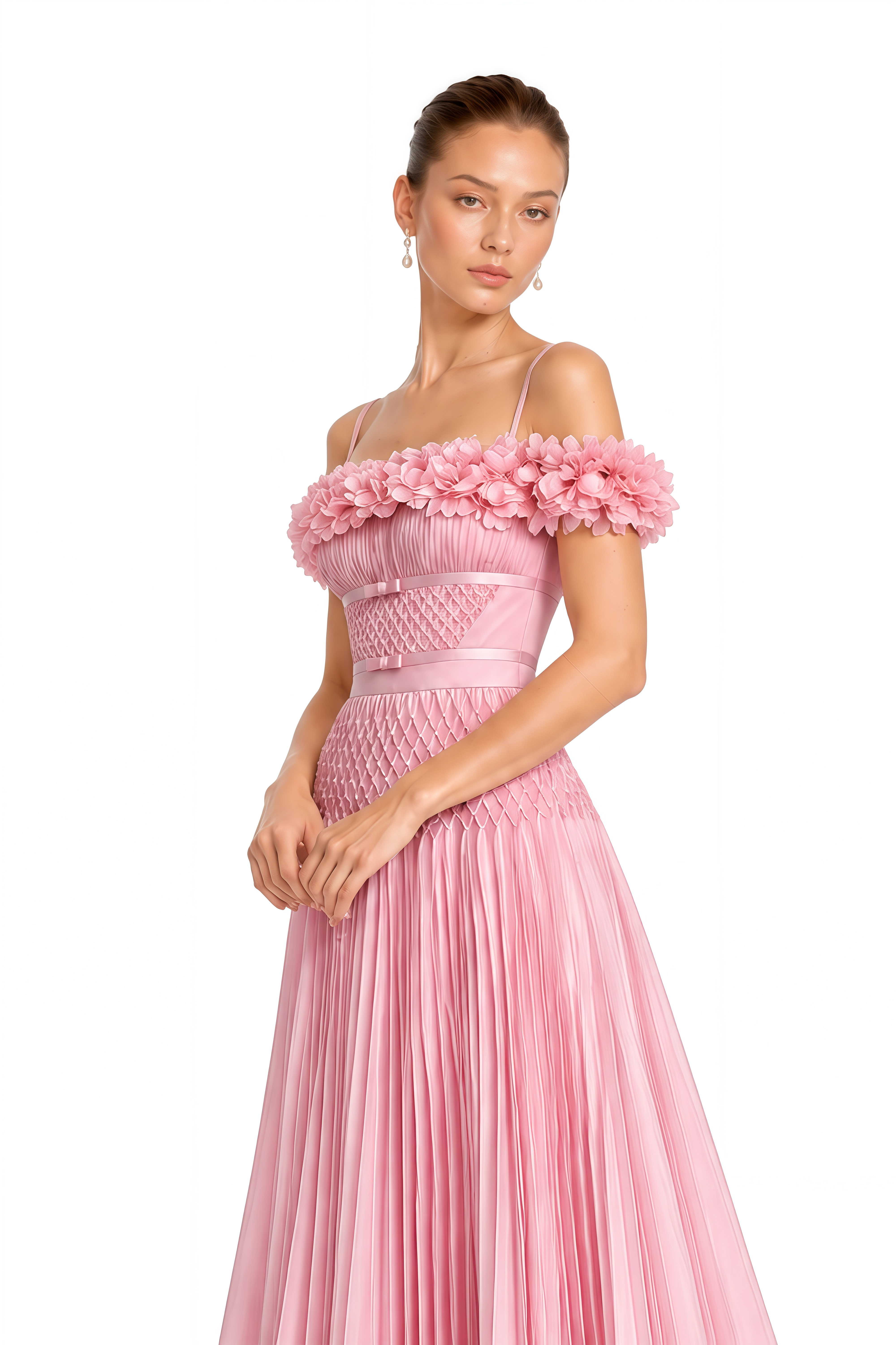 Collins Pink 3D Floral Off Shoulder Pleated Maxi Dress