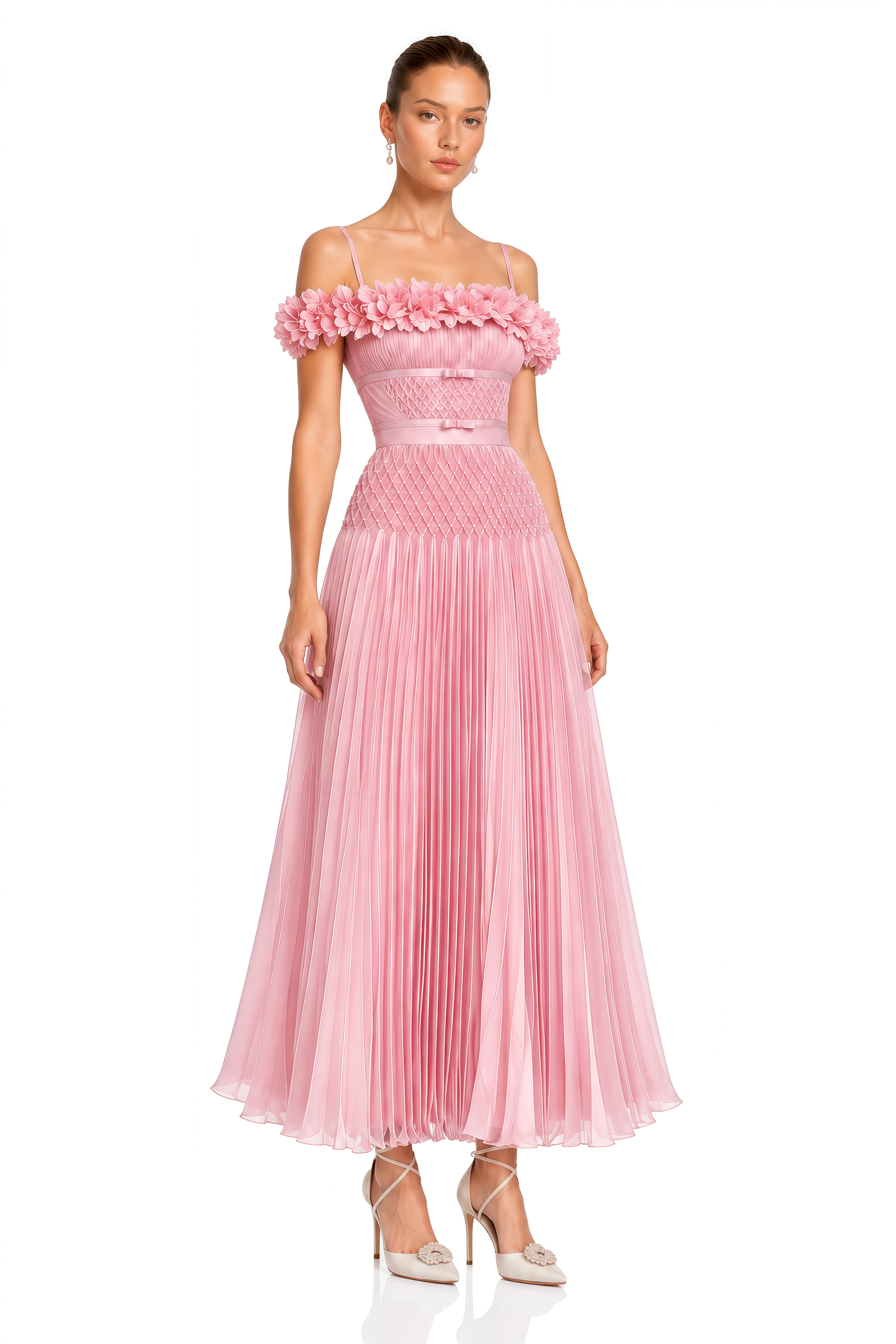 Collins Pink 3D Floral Off Shoulder Pleated Maxi Dress
