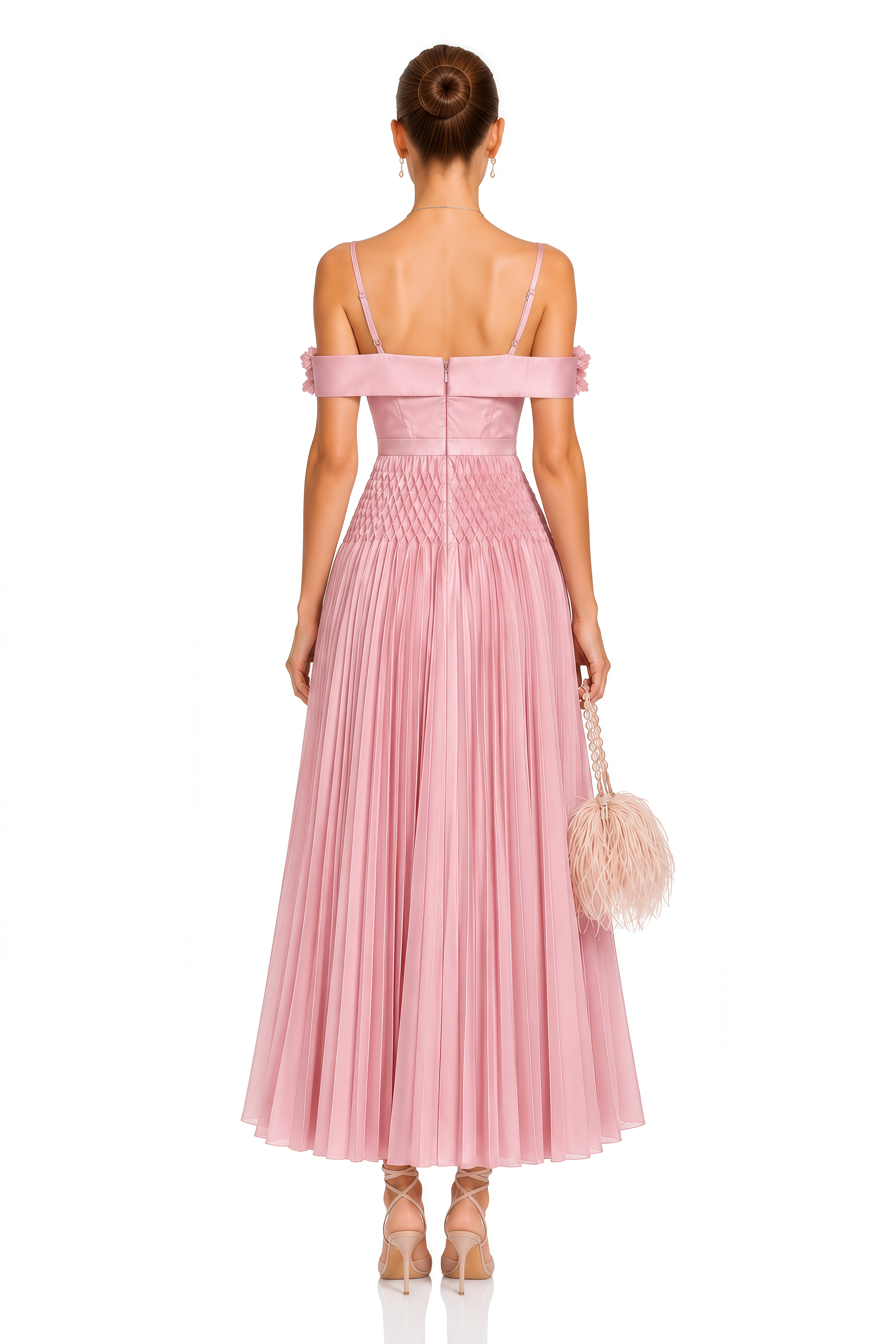 Collins Pink 3D Floral Off Shoulder Pleated Maxi Dress