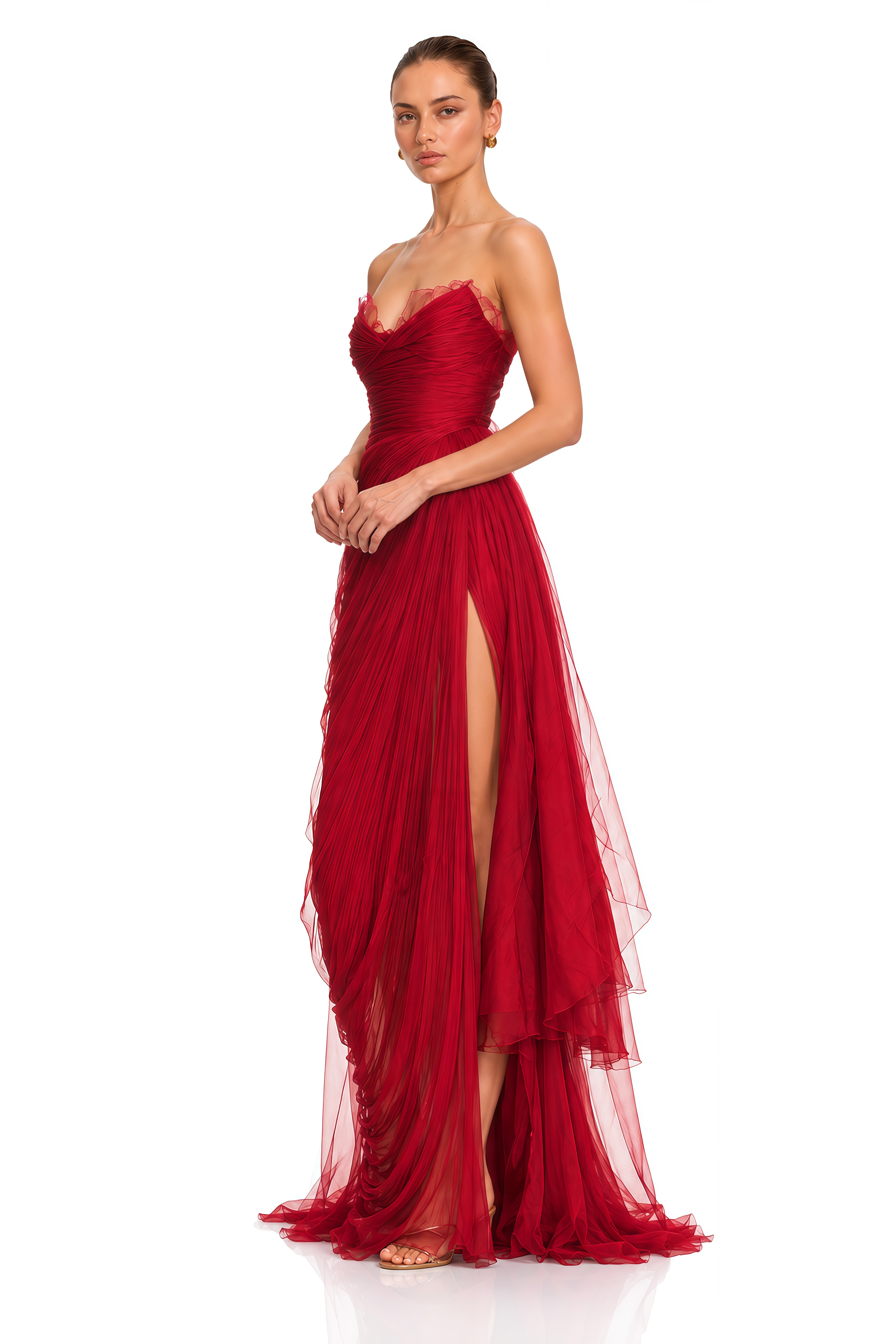 Constanza Red Off Shoulder Ruched Maxi Dress