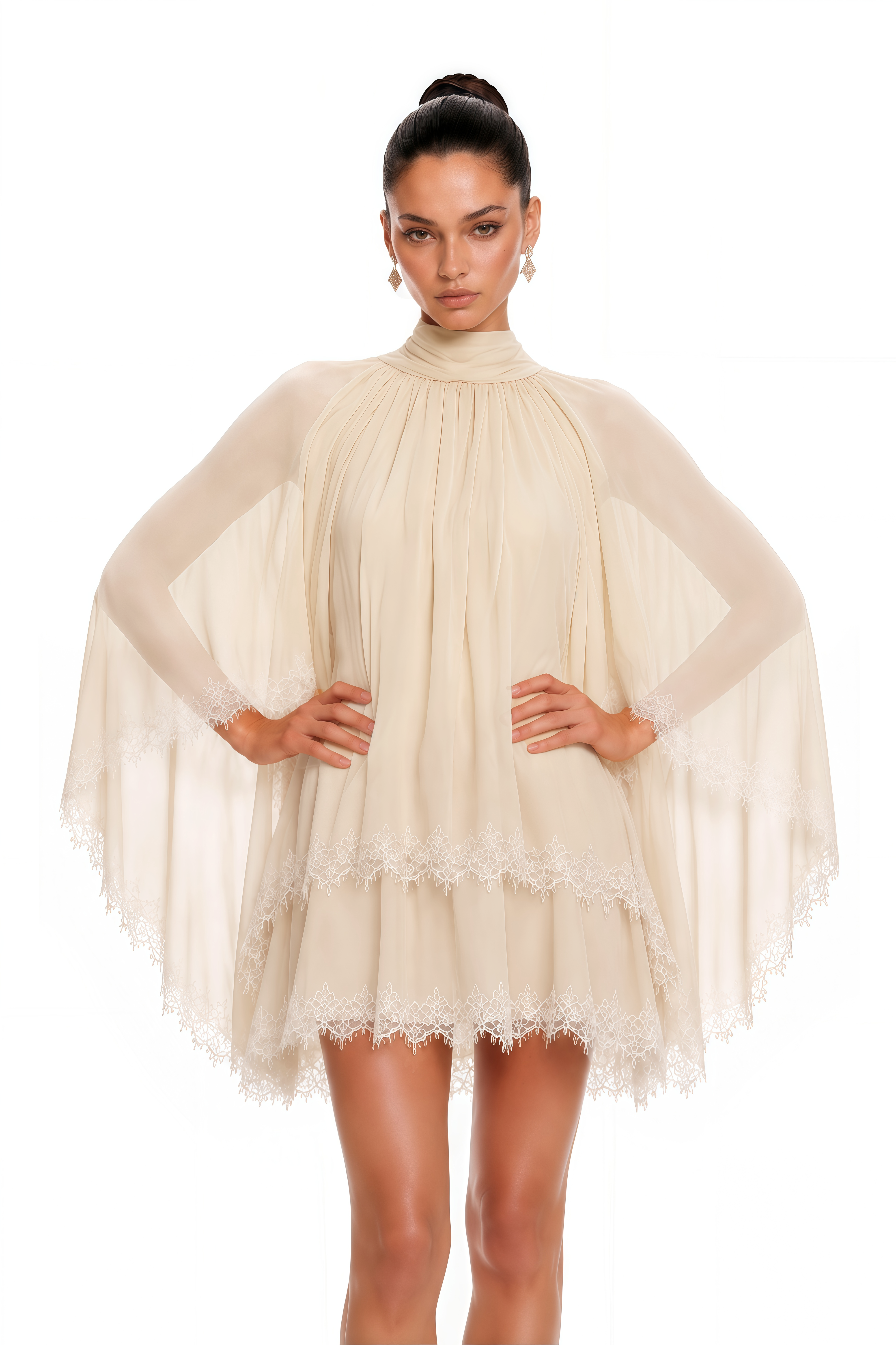 Consuela Neutral Pleated Mini Dress with Lace Trim
