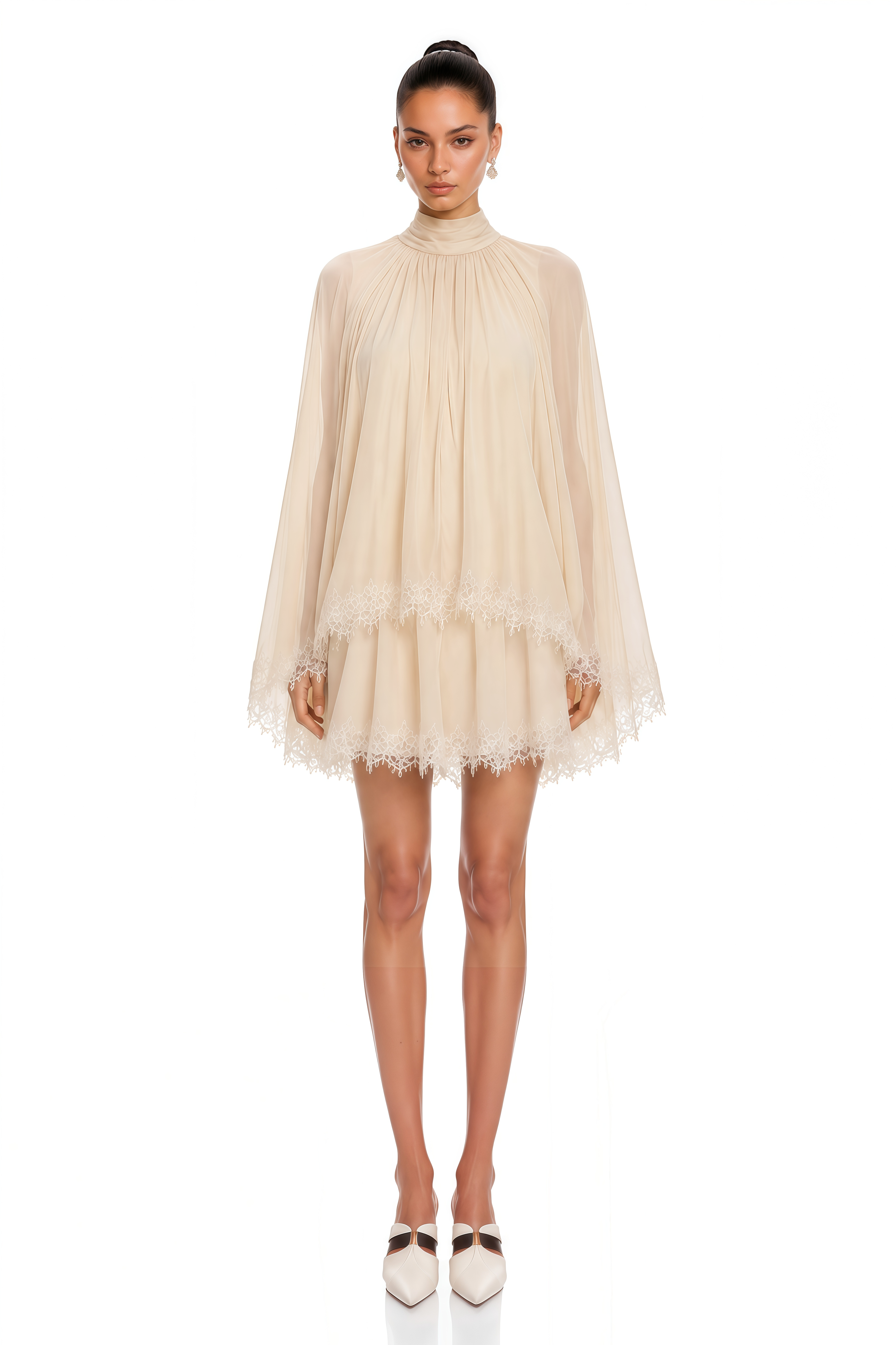 Consuela Neutral Pleated Mini Dress with Lace Trim