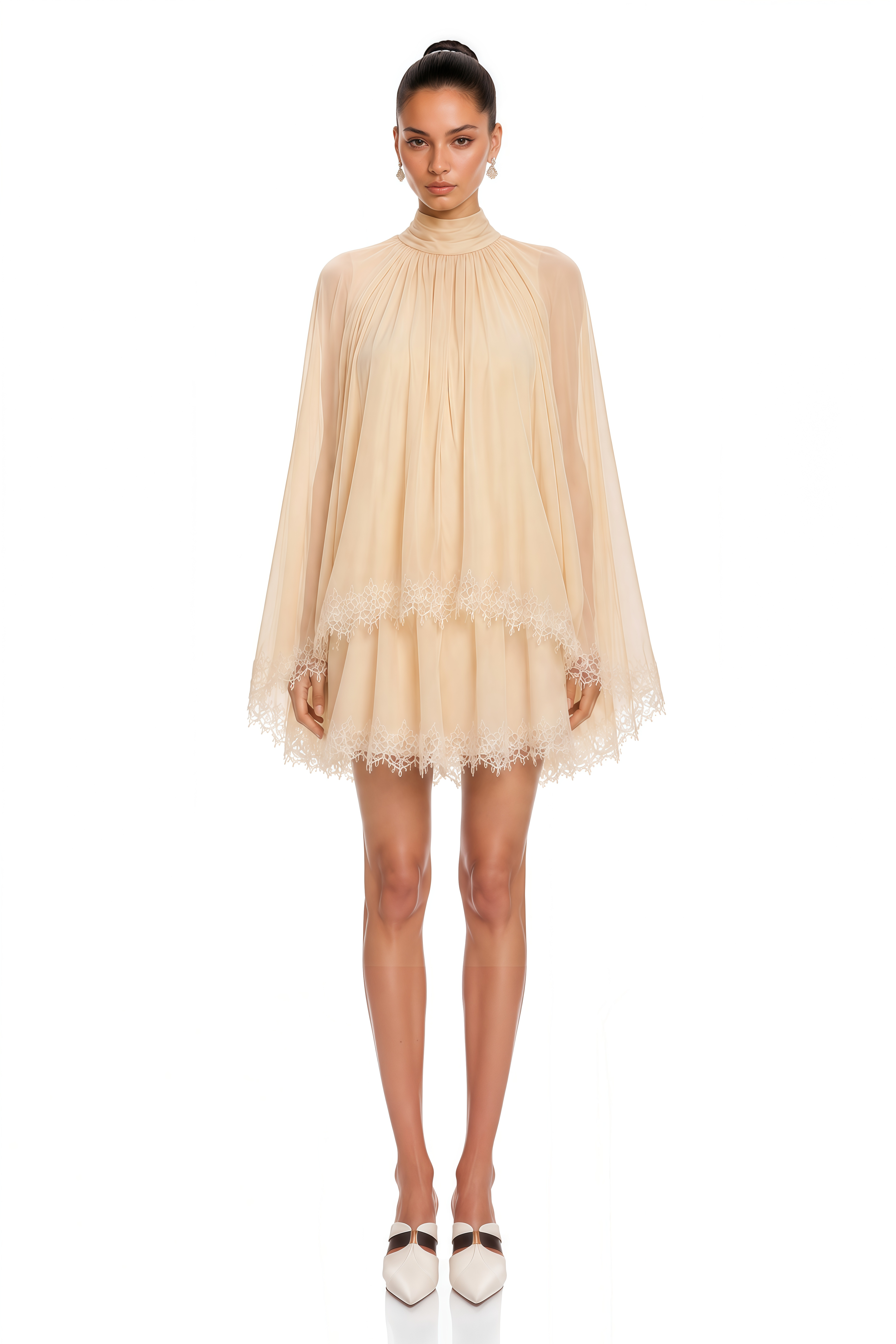 Consuela Neutral Pleated Mini Dress with Lace Trim