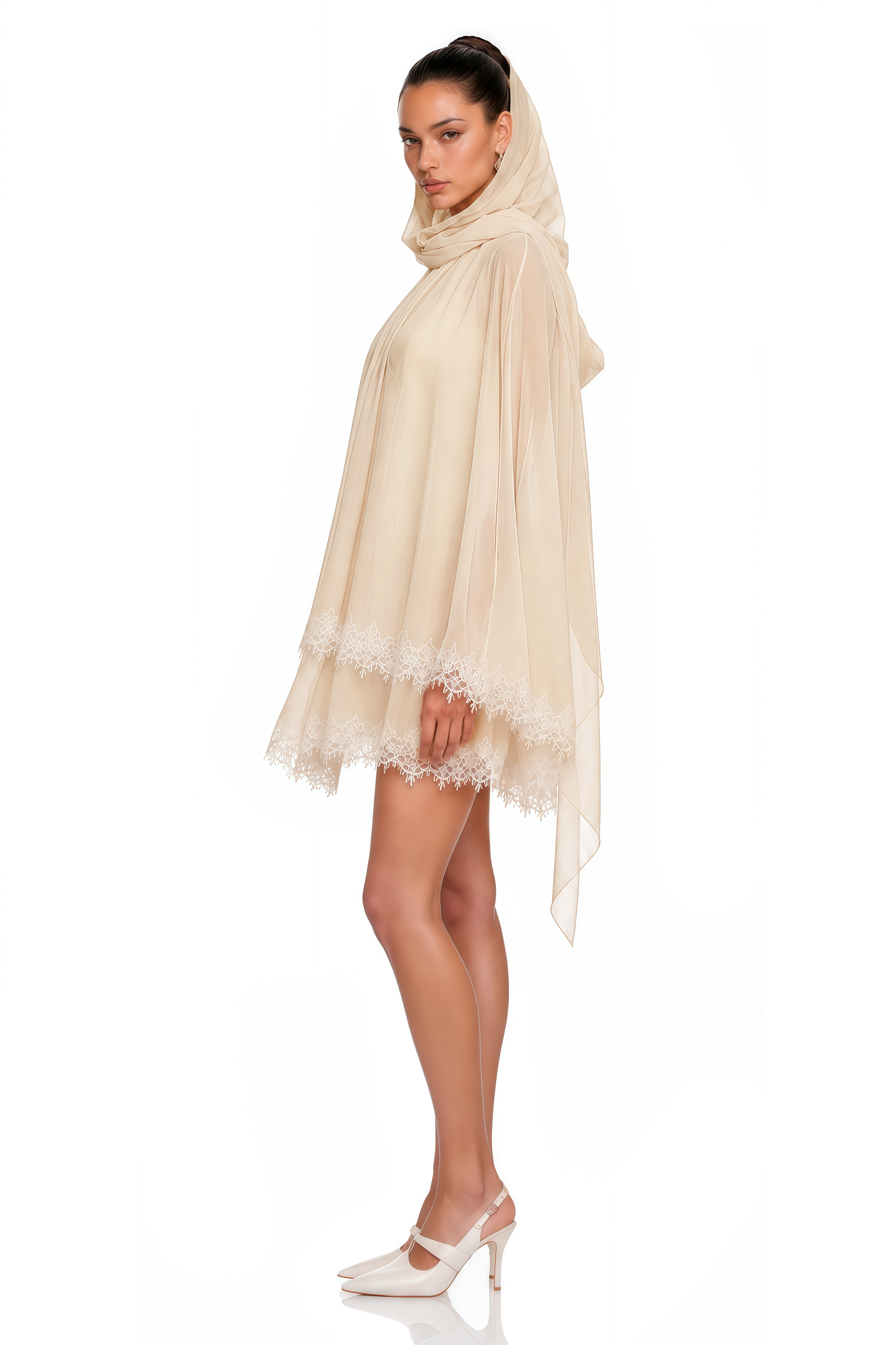 Consuela Neutral Pleated Mini Dress with Lace Trim