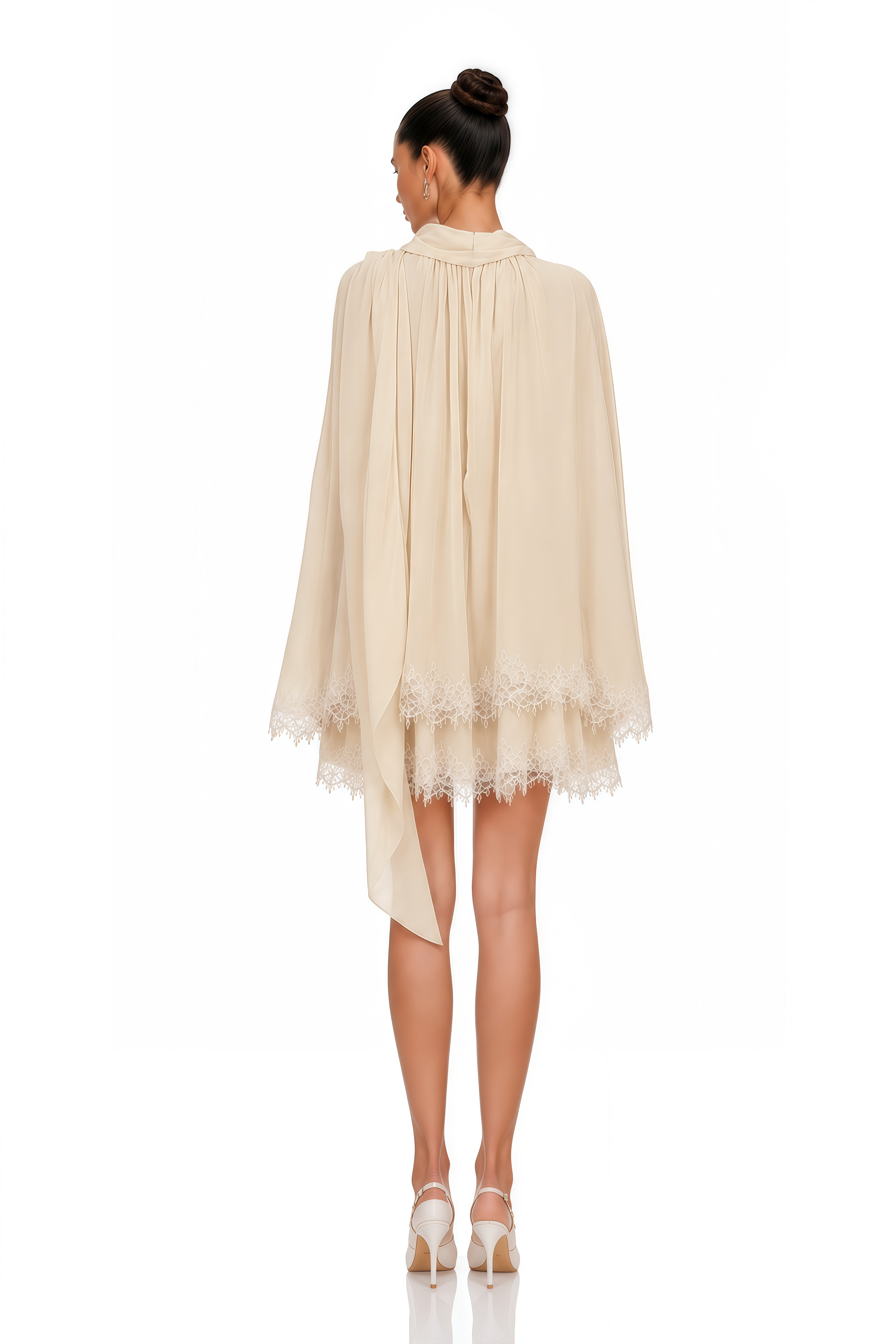 Consuela Neutral Pleated Mini Dress with Lace Trim