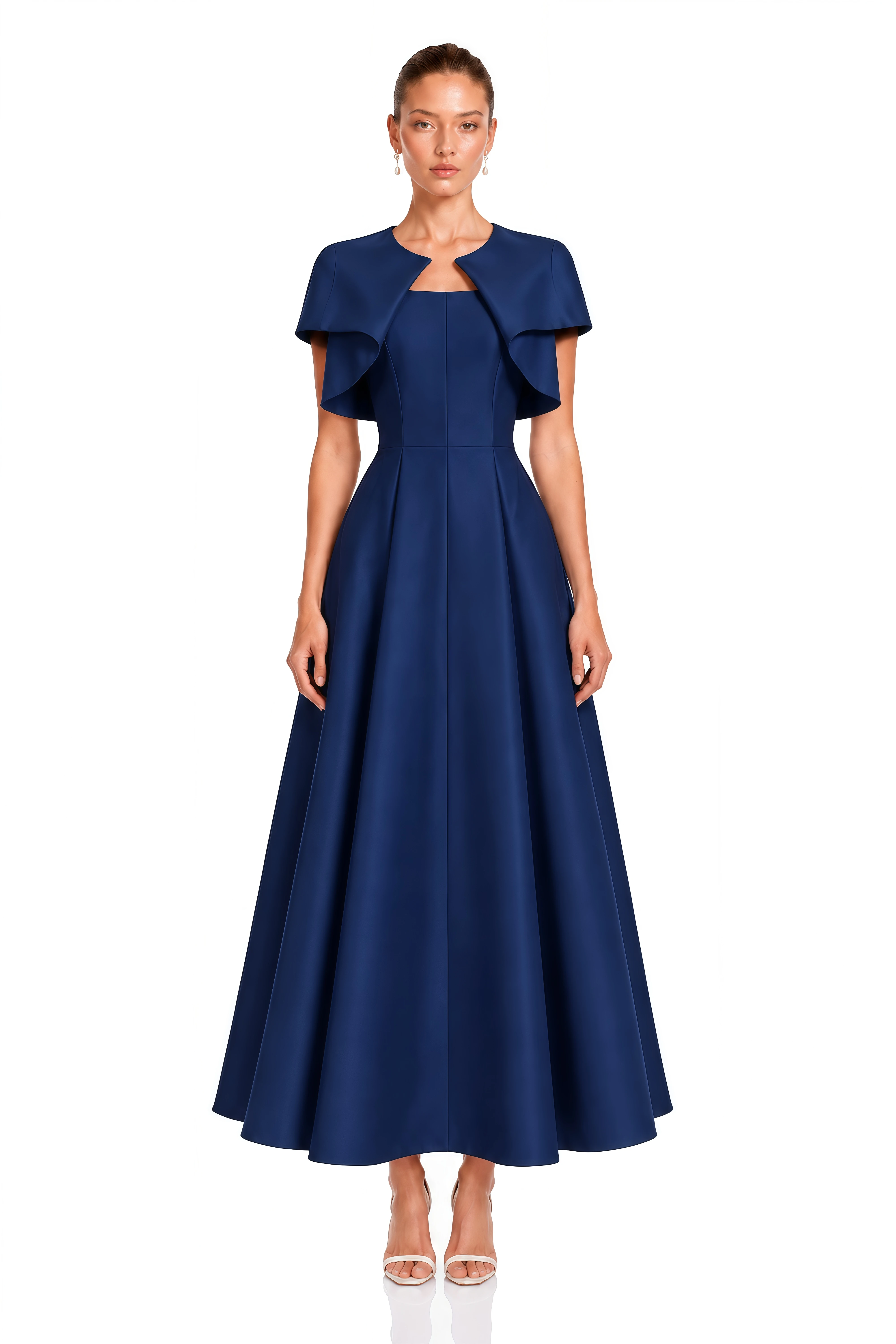 Cora Navy Blue Spaghetti Strap A-Line Midi Dress with Cape