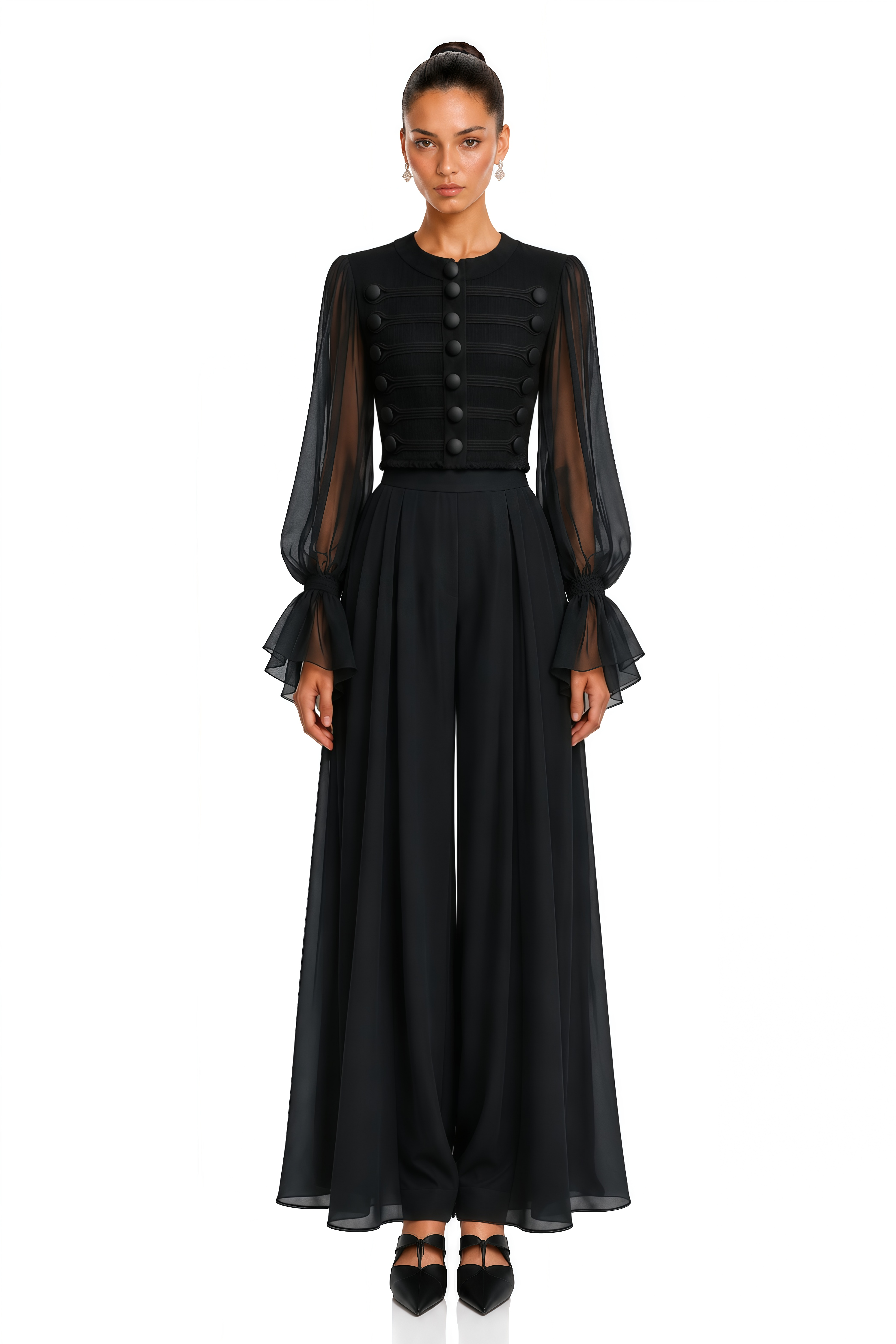 Coralie Black Button Detail Sheer Sleeve Blouse