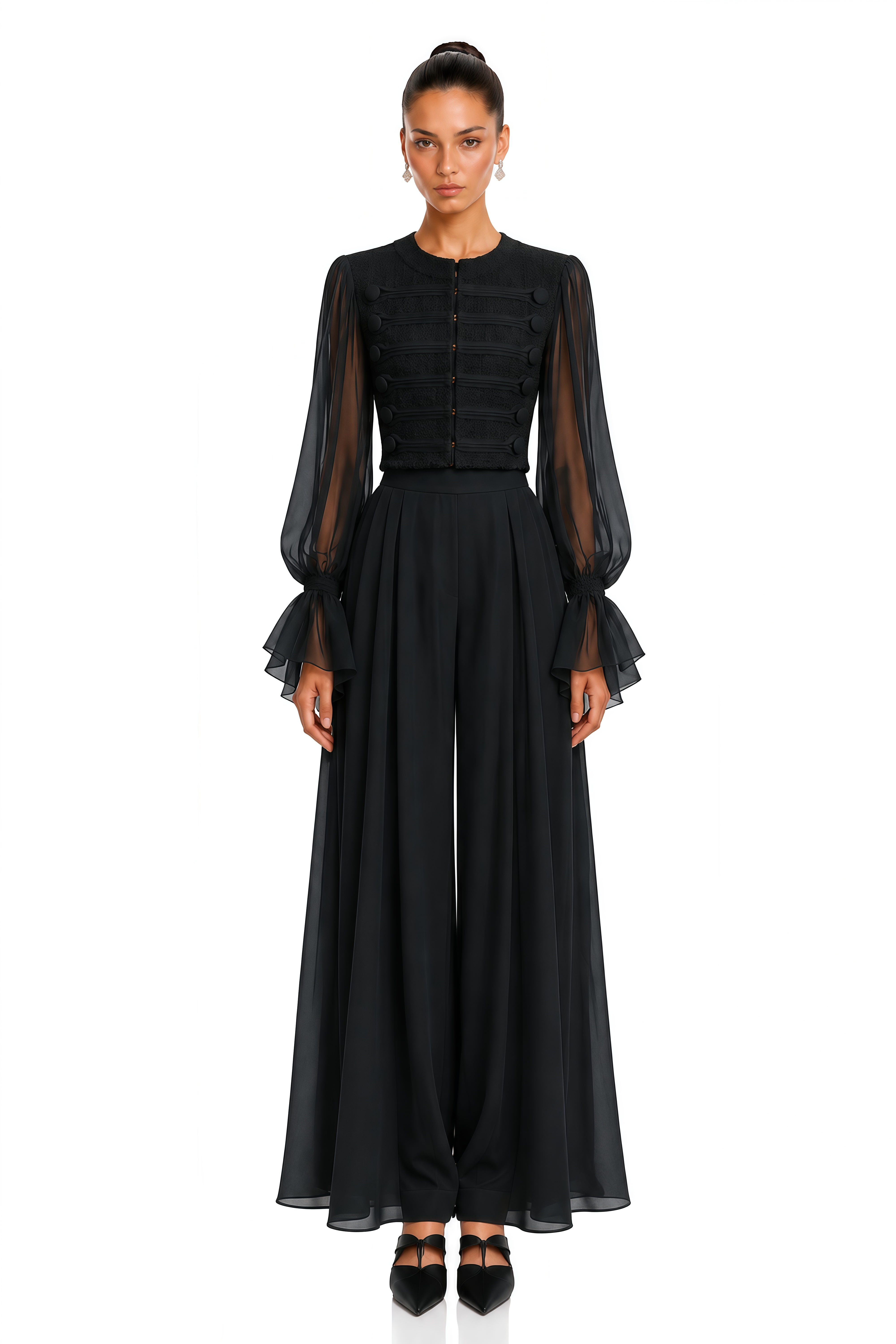Coralie Black Button Detail Sheer Sleeve Blouse
