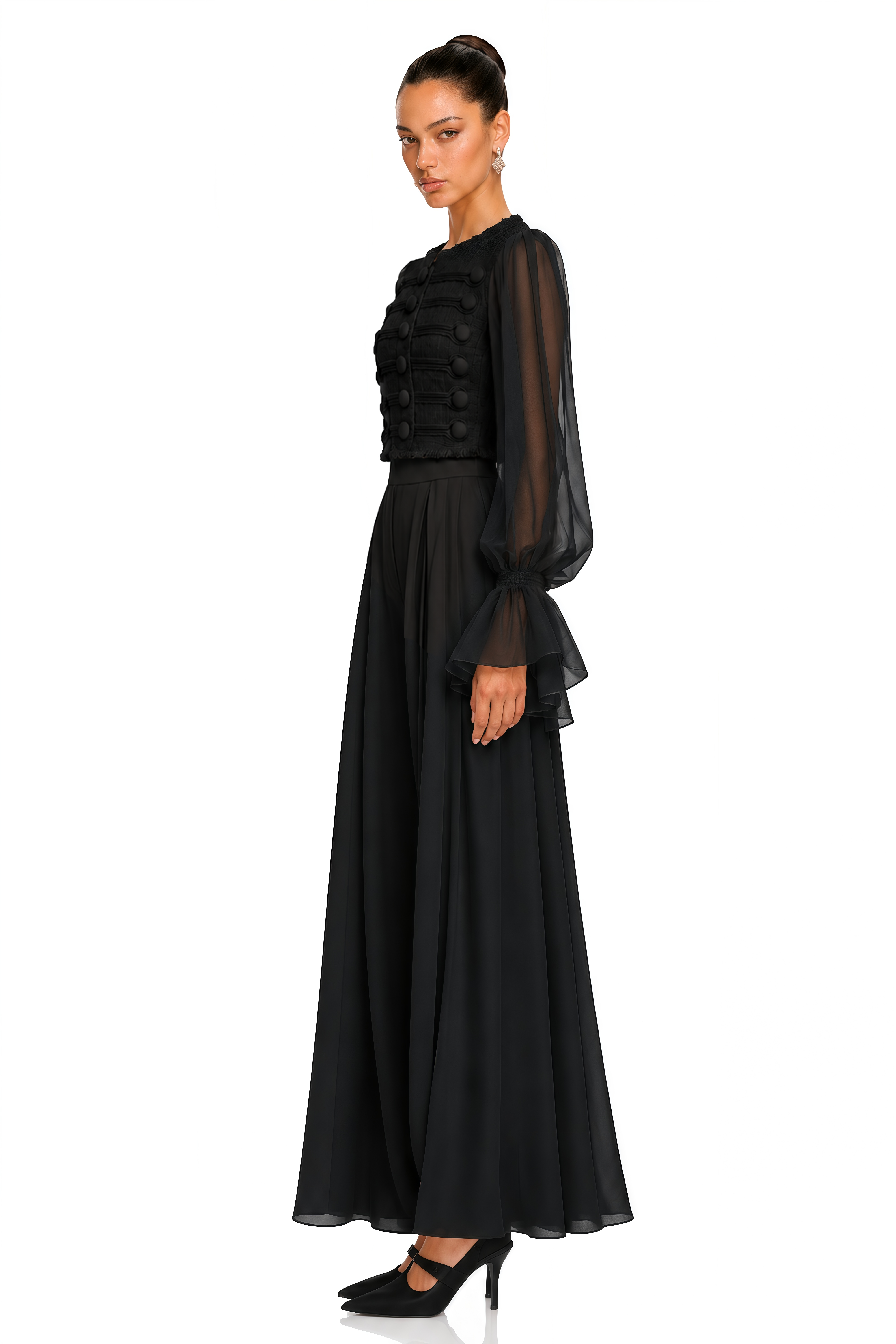 Coralie Black Button Detail Sheer Sleeve Blouse
