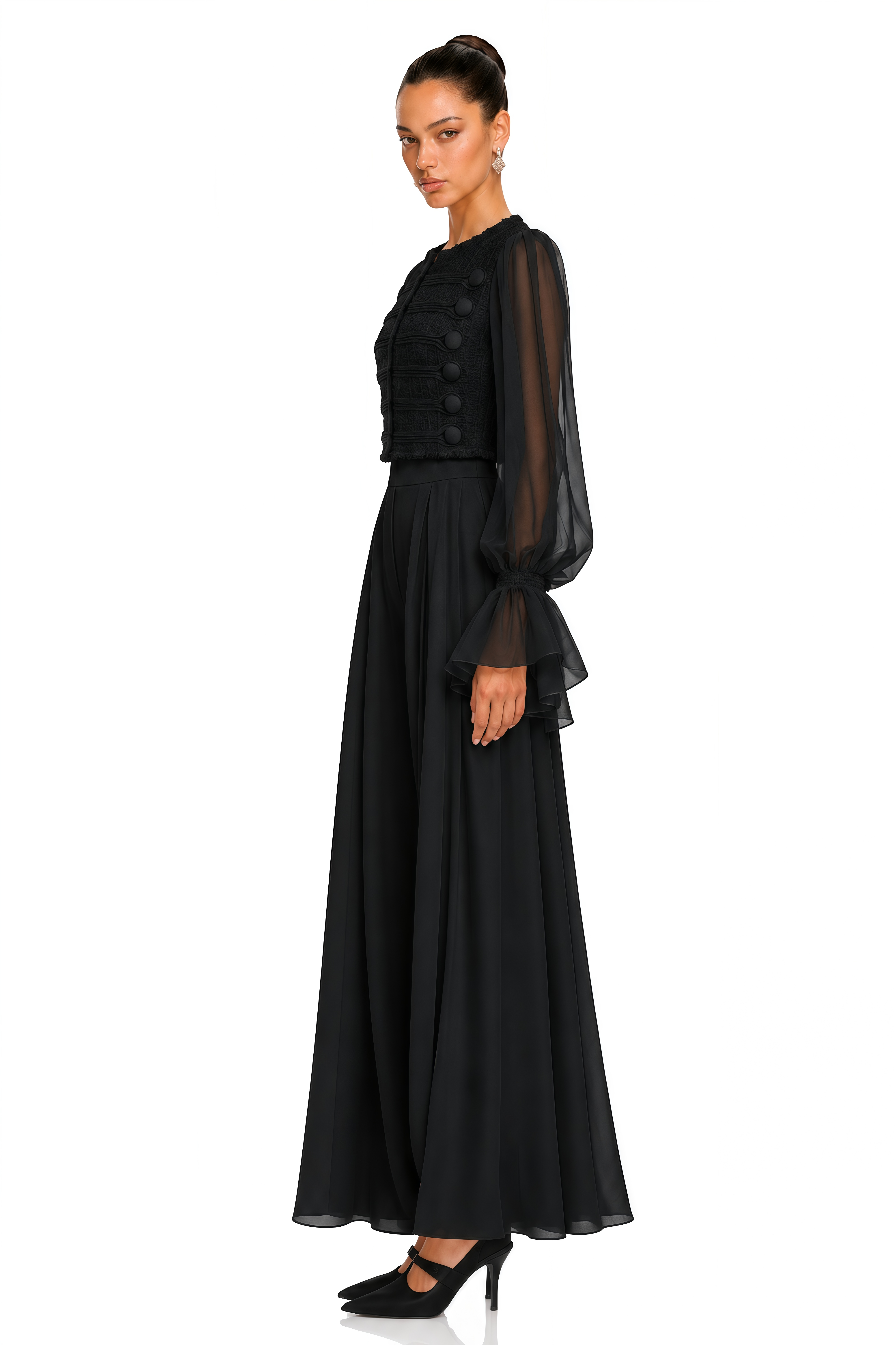Coralie Black Button Detail Sheer Sleeve Blouse