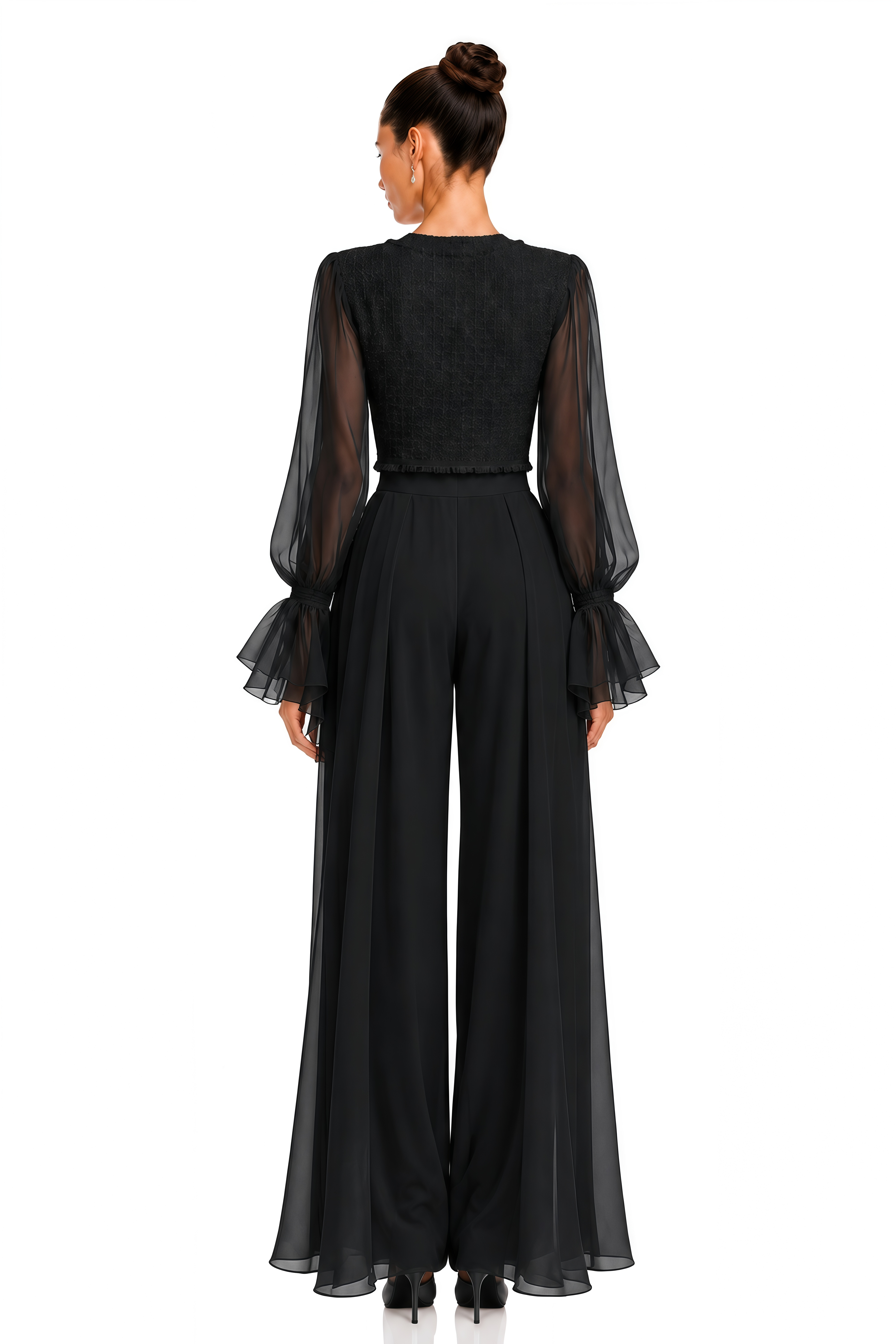 Coralie Black Button Detail Sheer Sleeve Blouse