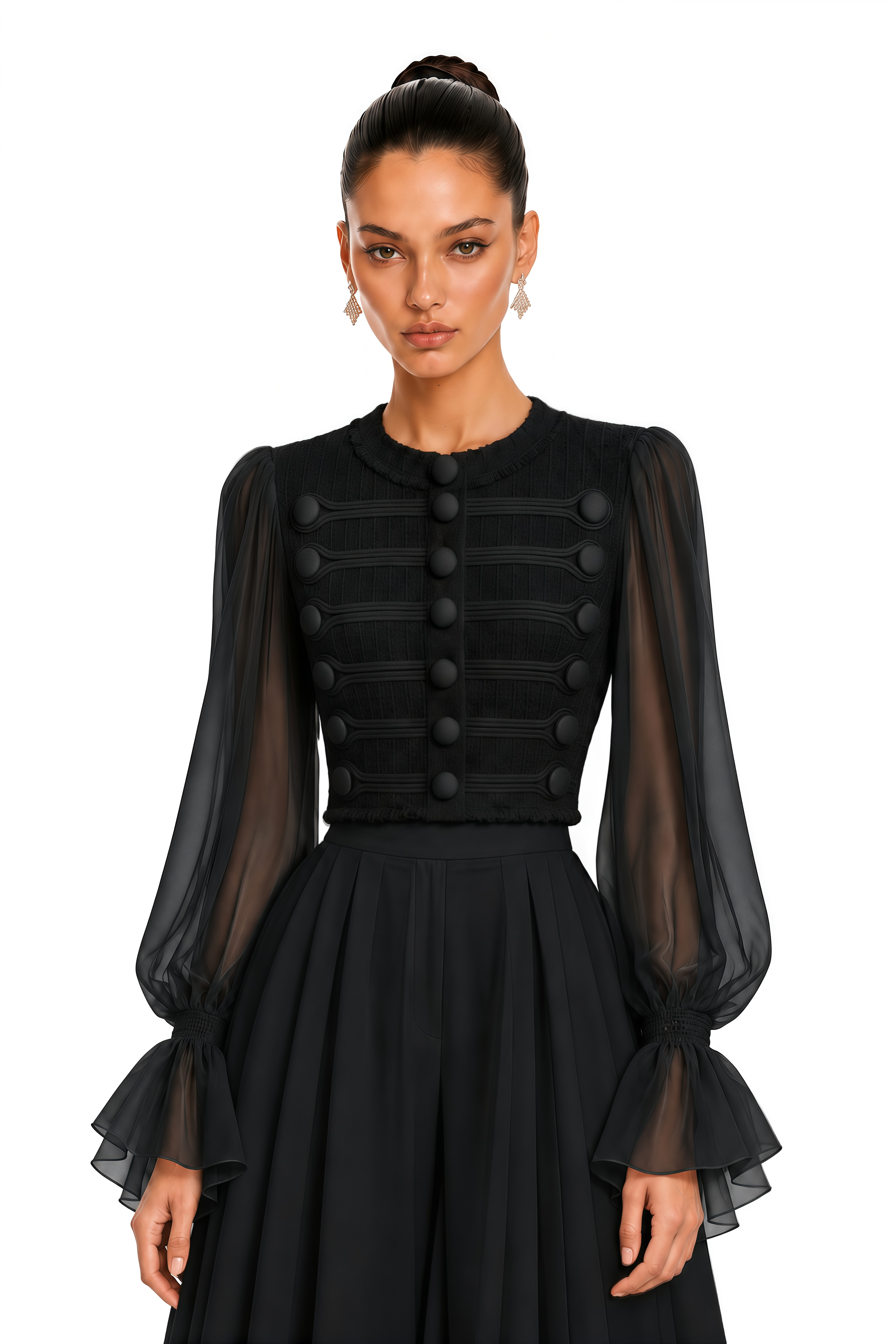 Coralie Black Button Detail Sheer Sleeve Blouse